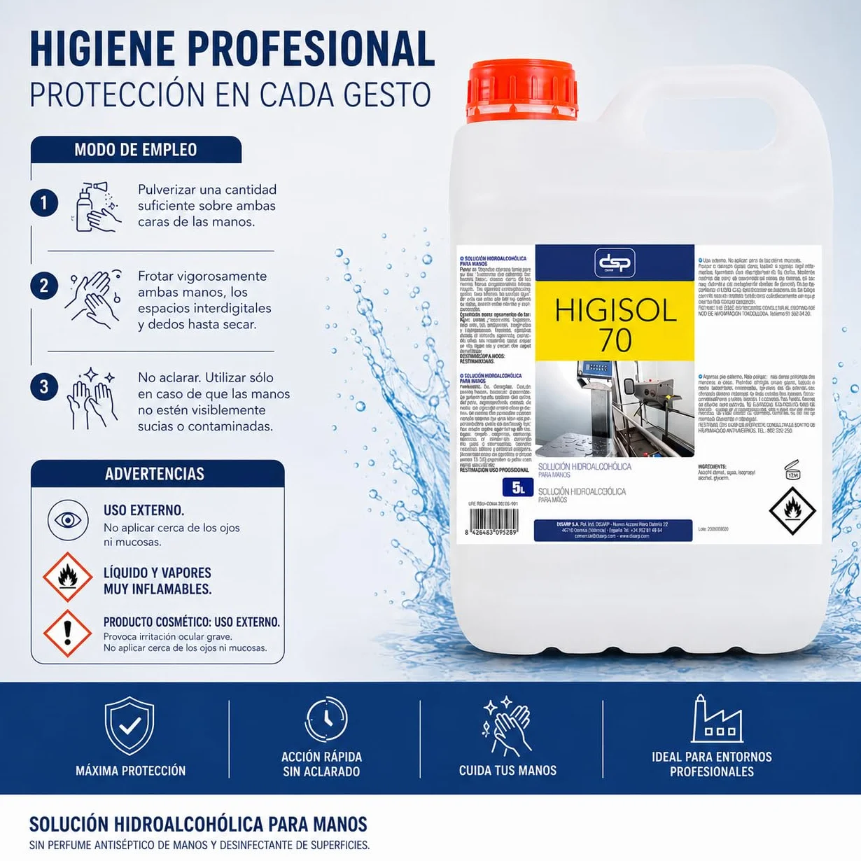 HIGISOL 70 SOLUCION HIGIENIZANTE HIDROALCOHOLICA ANTIBACTERIAS 5L
