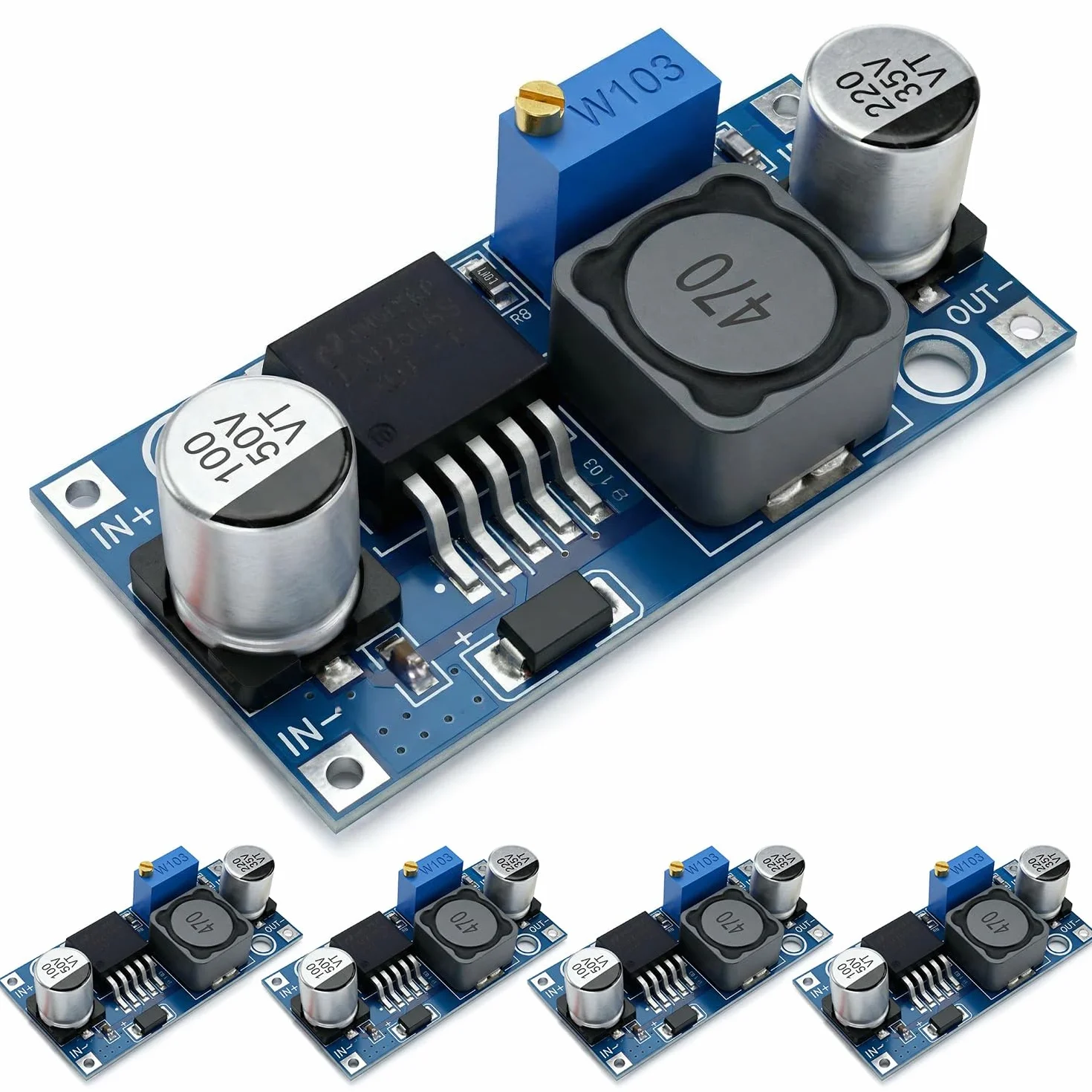 QWORK® LM2596S Convertidor Buck DC-DC 3.2-40V a 1.25-35V 3A – Módulo Reductor de Voltaje Ajustable de Alta Eficiencia para DIY y Robótica – Fuente de Alimentación Estabilizada, Pack de 5 Piezas
