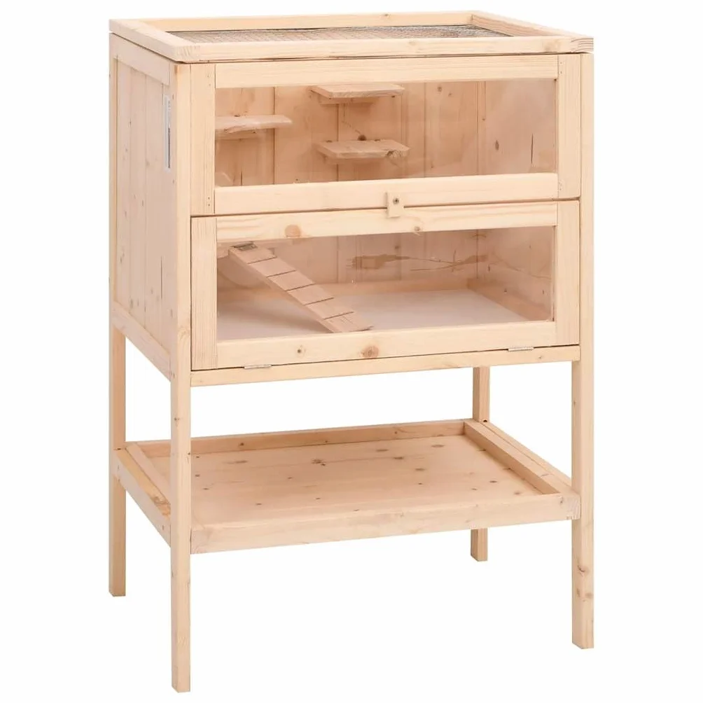 Jaula hámster madera maciza abeto 55x40x80 cm con escalera de dos niveles, techo rejilla metálica abierta, frontal acrílico transparente, estante de almacenamiento, para hámster Gerbille