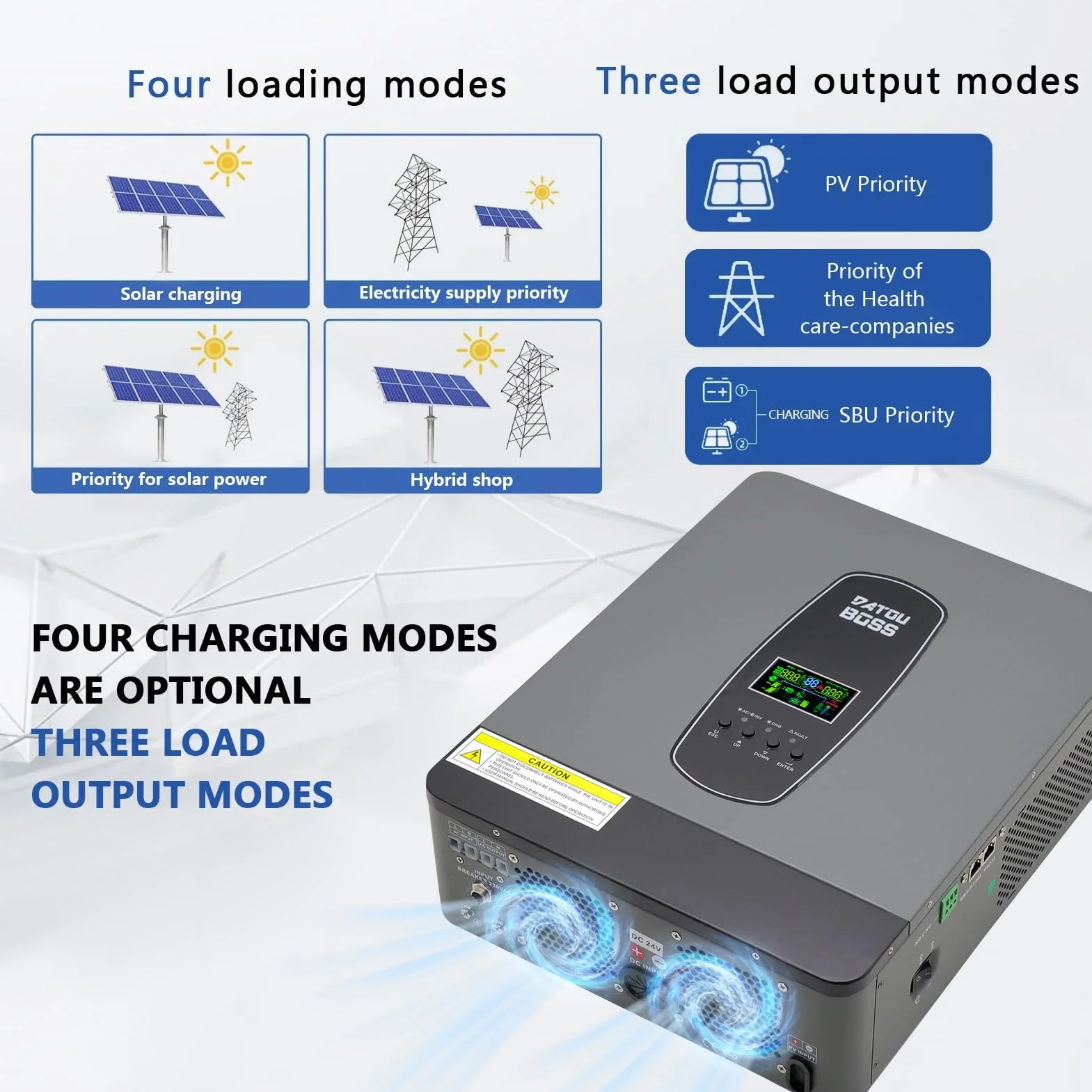 DATOUBOSS 3000W Pure Sine inversor híbrido 24V DC a 230V AC con 80A MPPT Controlador de Carga Solar para Plomo-ácido y baterías de Litio