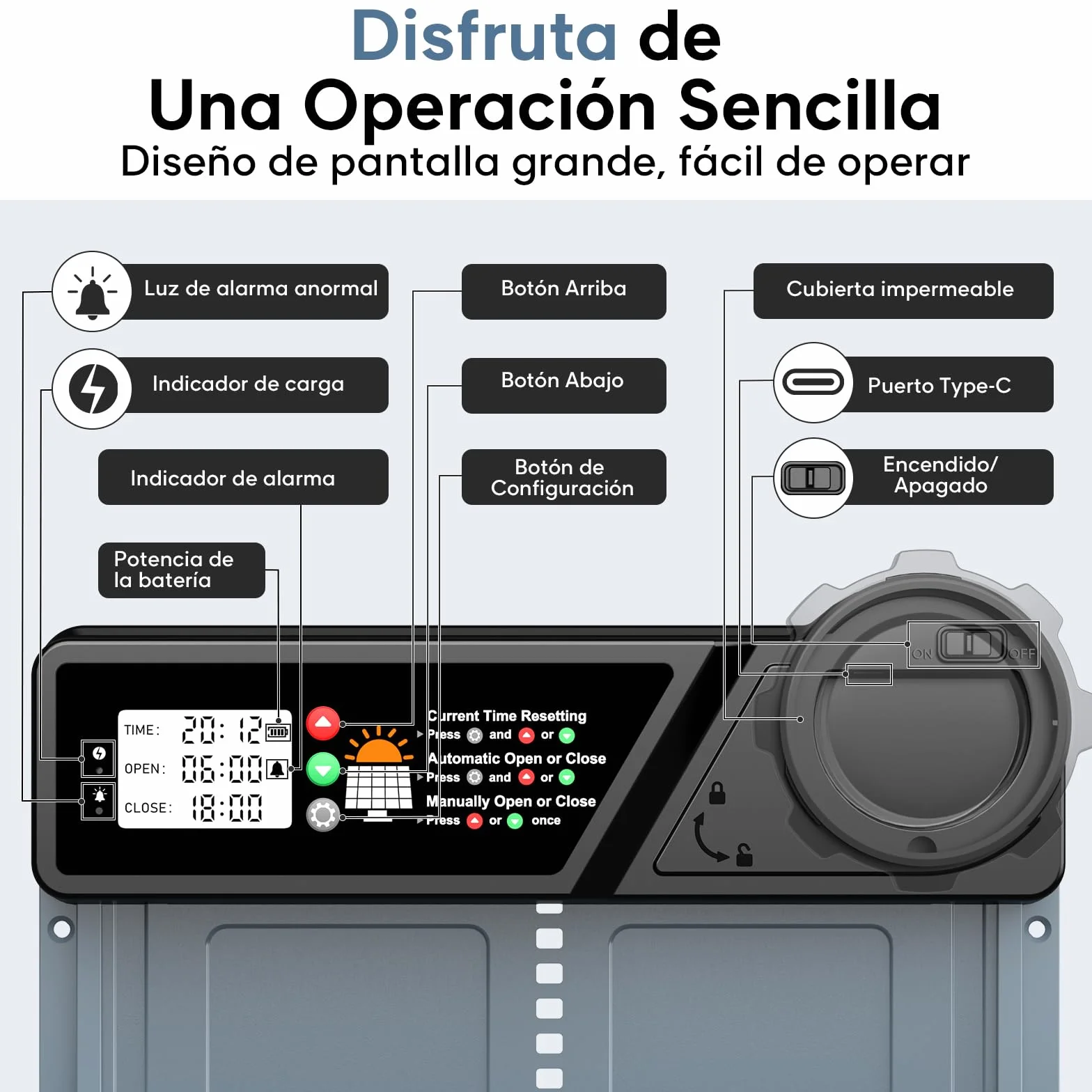 CHAMUTY Puerta automática para gallinero solar con temporizador, panel solar 7W, LCD, mando a distancia