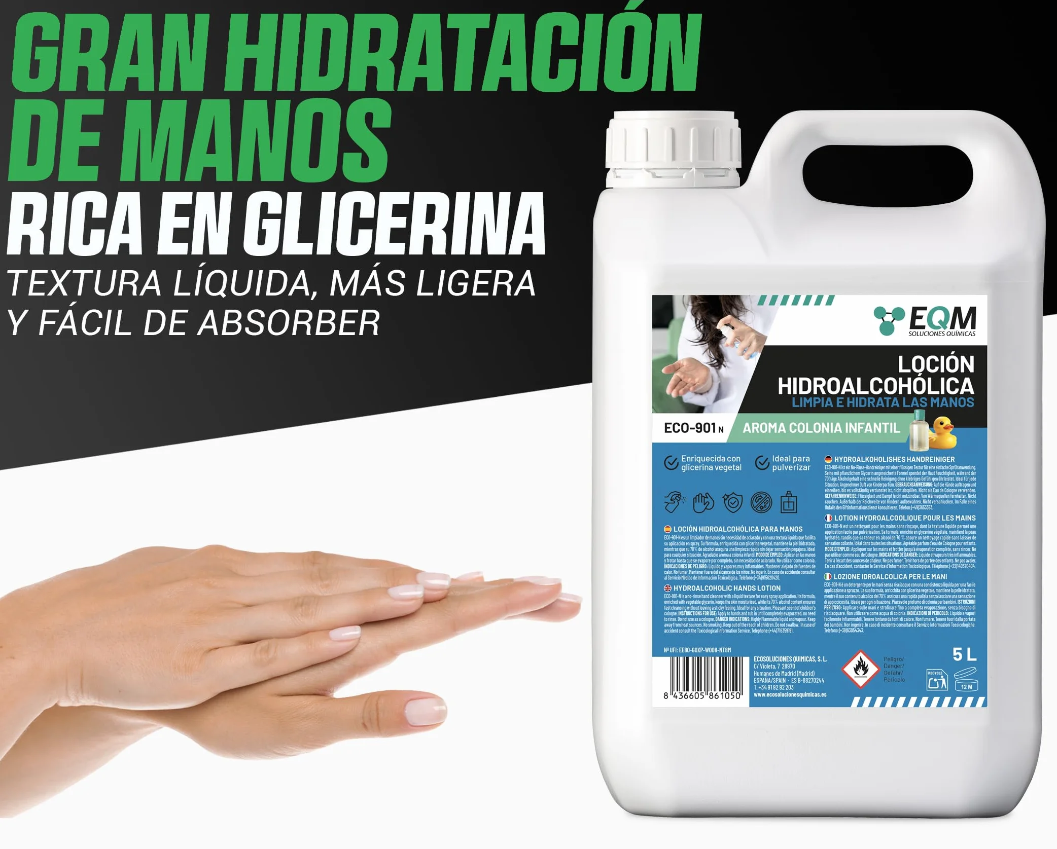 EQM ECO-901N Loción Hidroalcohólica de Manos Perfumada 5L con Glicerina