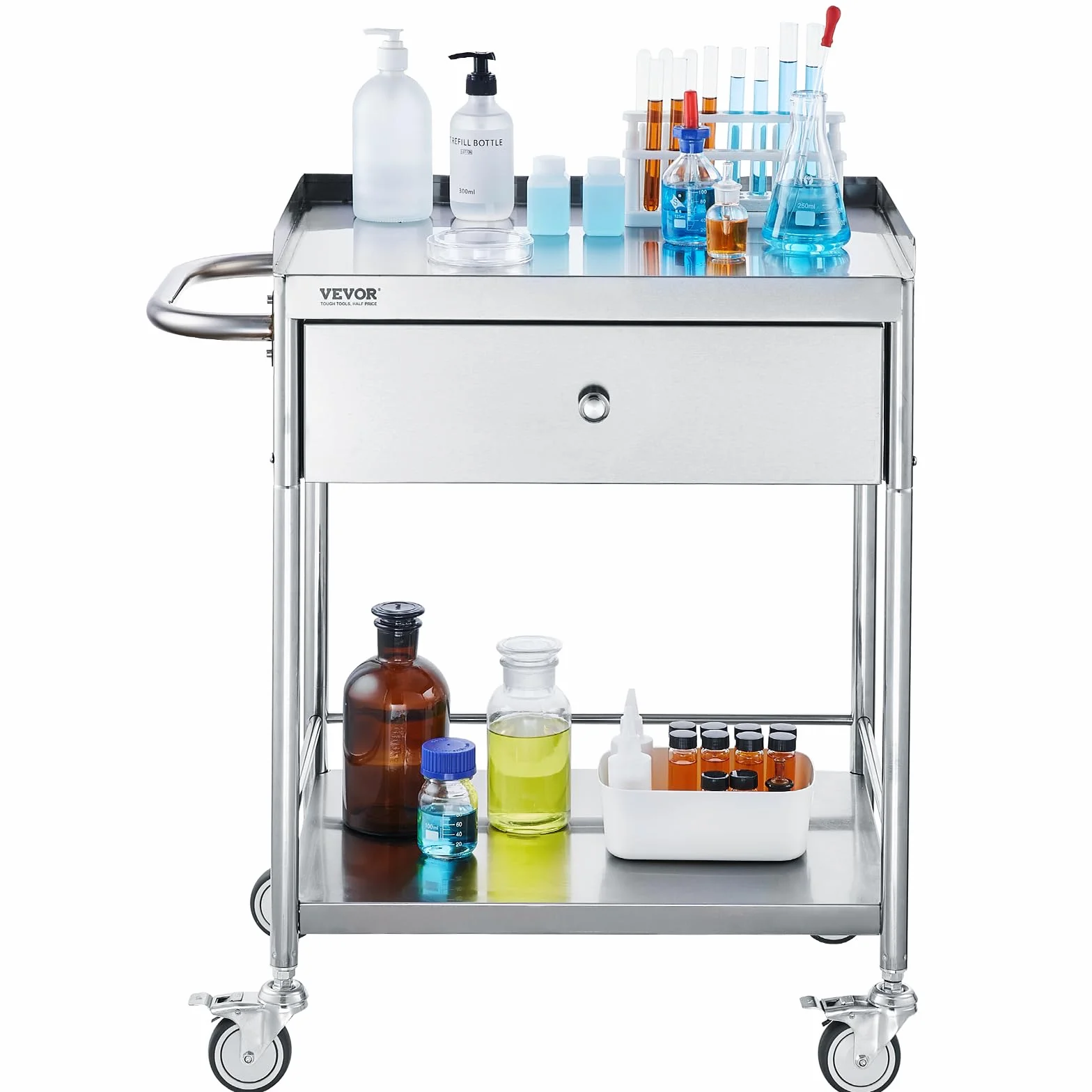 VEVOR Carro de Laboratorio de Acero Inoxidable 2 Niveles Carrito de Médico 71x42x78,5 cm Carro con Cajón Carga de 100 kg Movimiento Silencioso para Almacenamiento Clínico Cocina Hotel Salón de Belleza