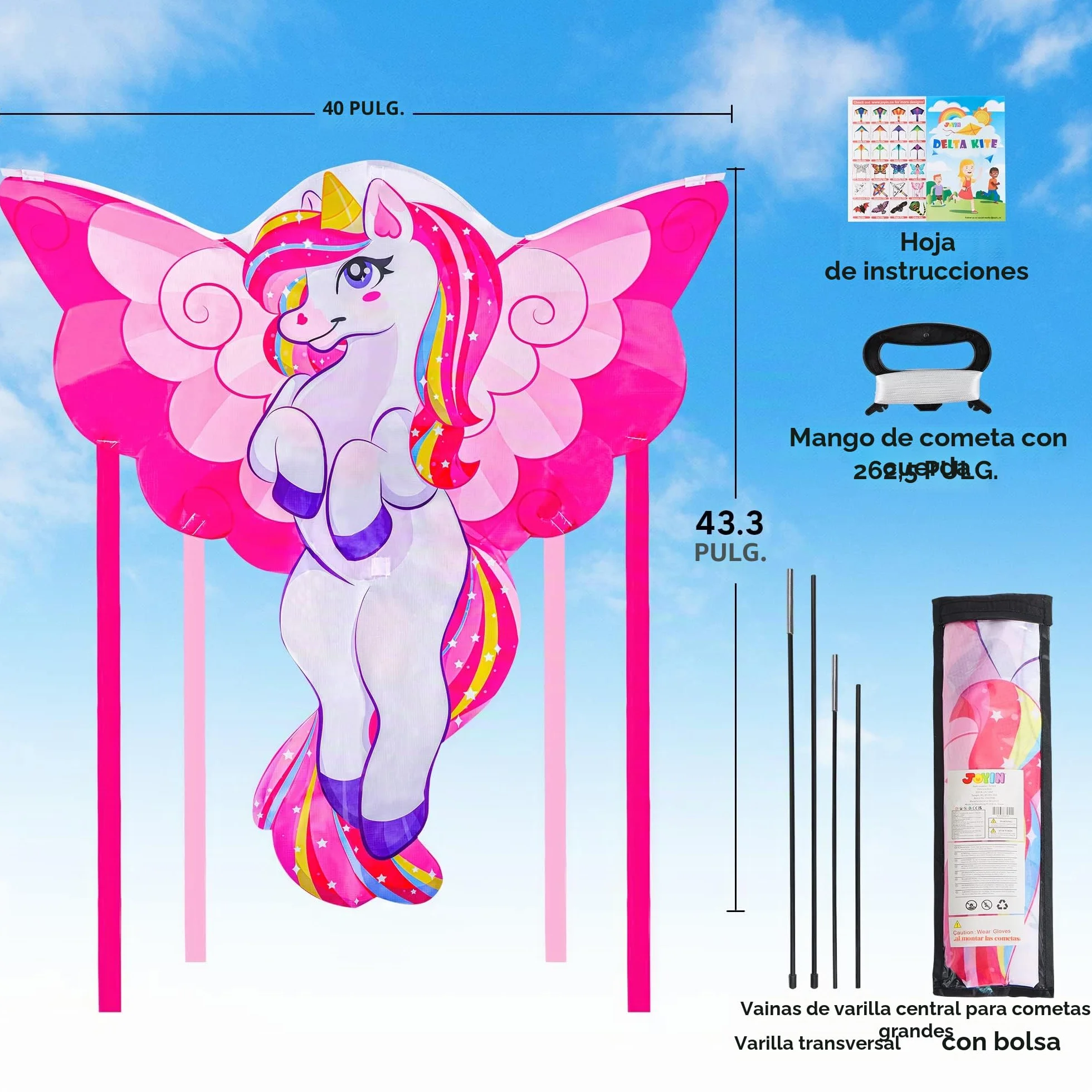 JOYIN Cometa de unicornio de 43.3 pulgadas para niños y adultos, cometa de playa grande