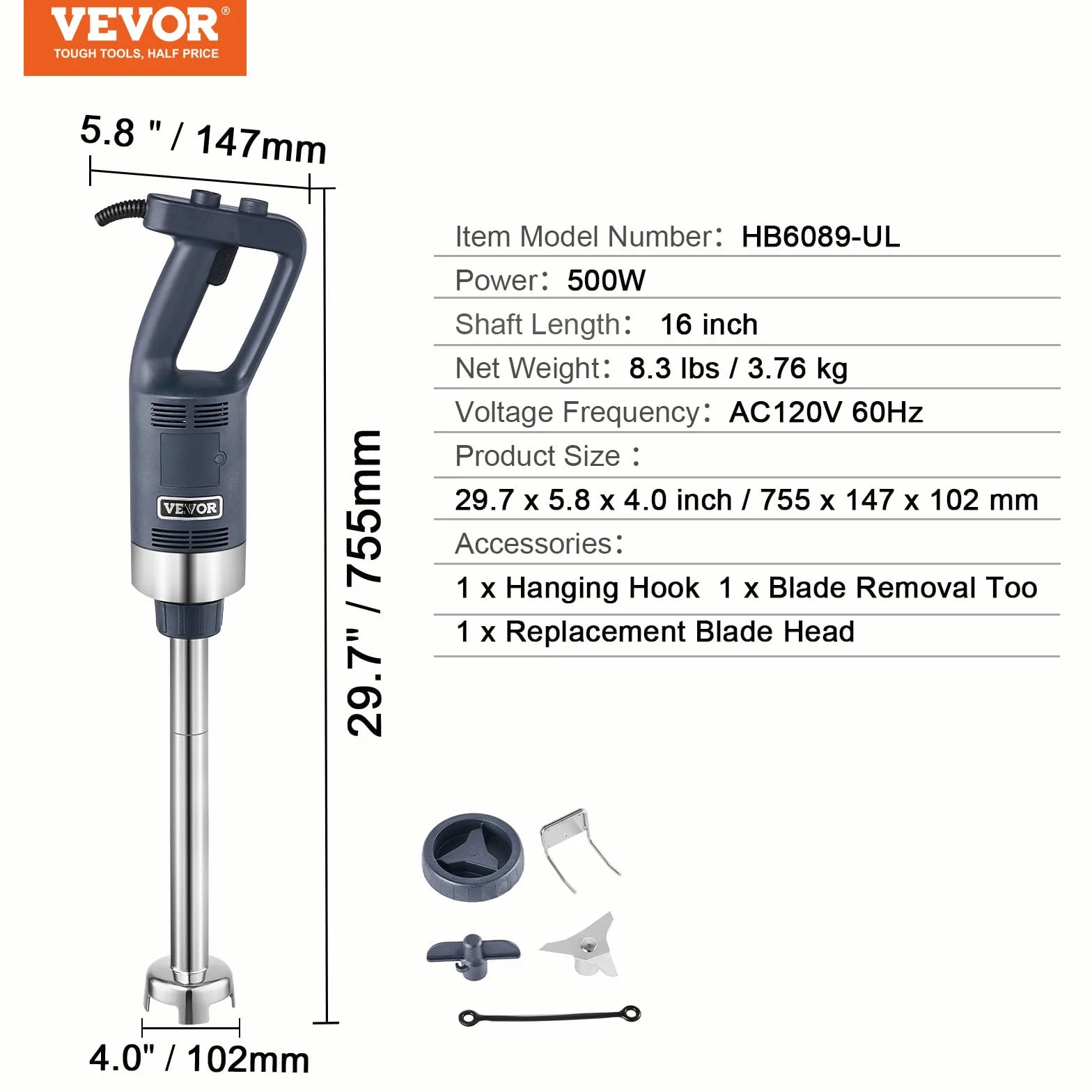 VEVOR Batidora de Mano Comercial 500W Batidora de Mano de Inmersión Eje de 406 mm Batidora Portátil de Velocidad Continuamente Variable con Hoja de Acero Inoxidable para Sopa Salsa Puré Crema
