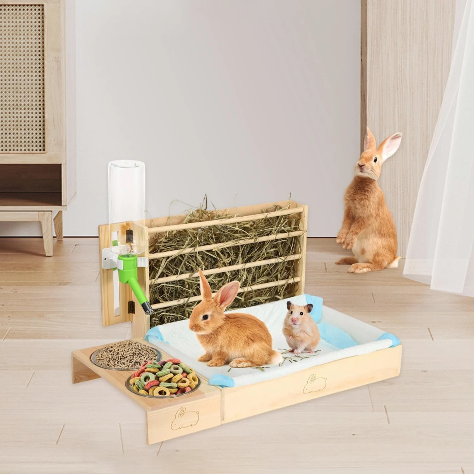 Comedero de con Arenero, Comedero de de Madera con 2 Y para Cobayas, Chinchillas Y Conejos.