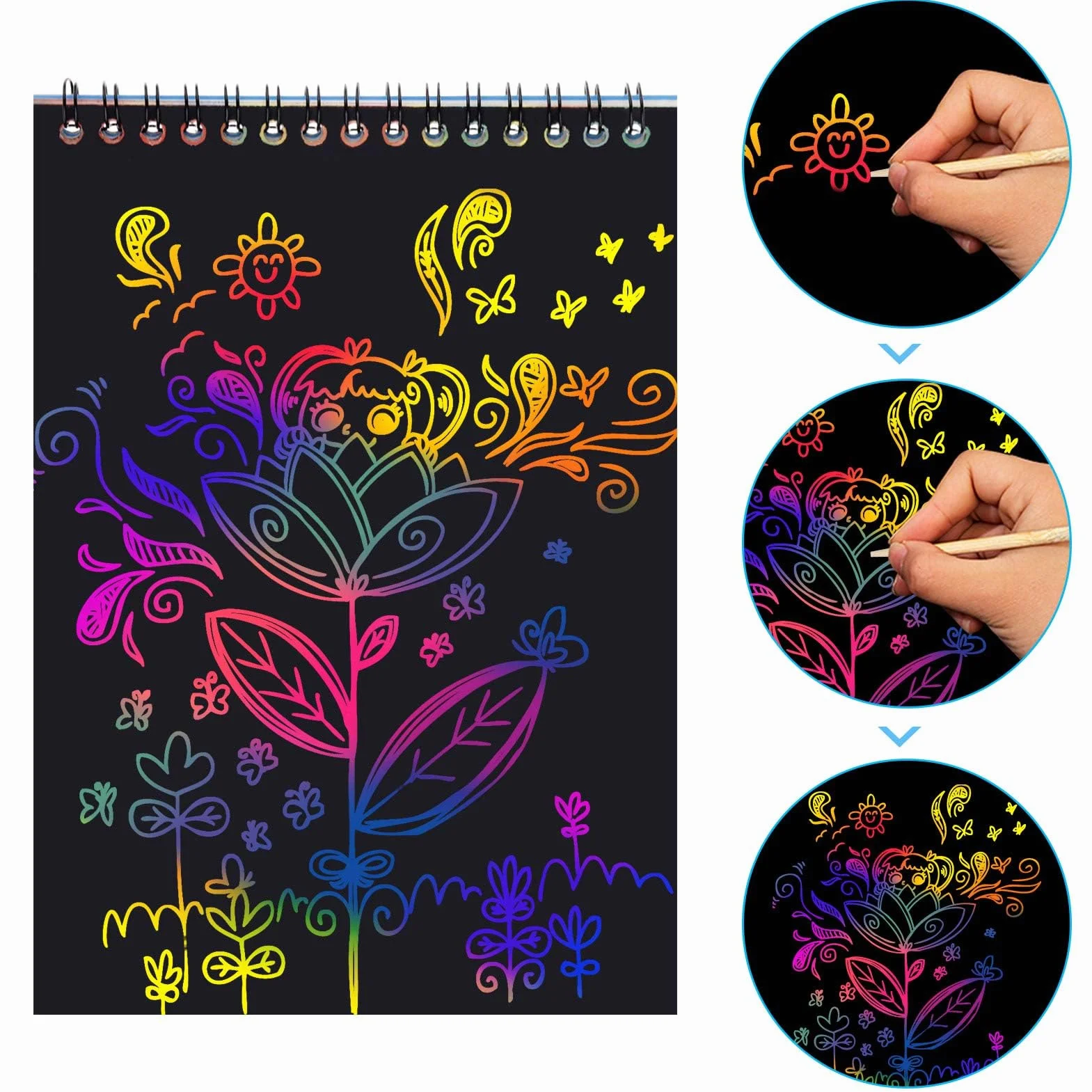 MELLIEX 2 Piezas Scratch Art Paper Notebook Kit de Manualidades Papel de Arte de Rascar con Regla de Dibujo y Plumas de Madera