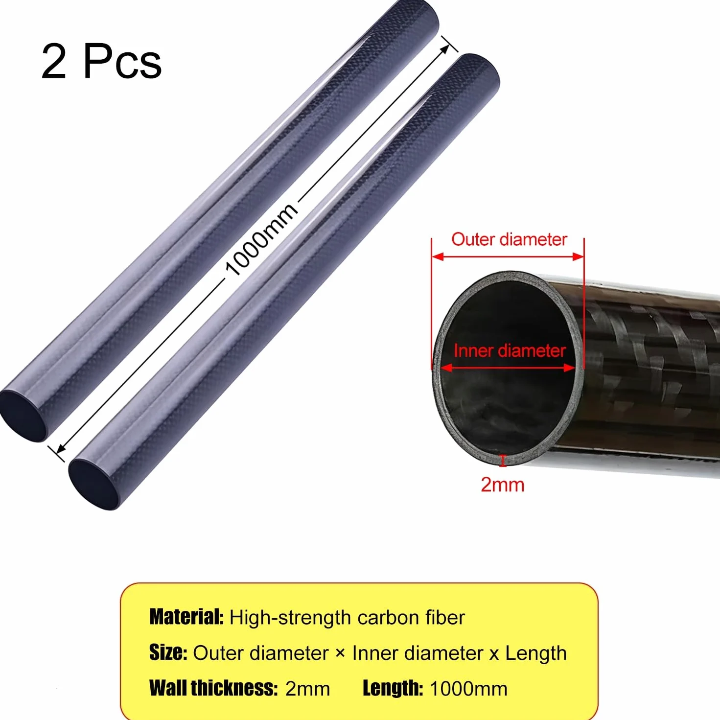 Tubo de fibra de carbono, Tubos de fibra carbono 3K, negros, 7-45 mm x 1000, paquete 2 o 3 for drones, robótica industrial(Black-2pcs,16x12x1000mm)
