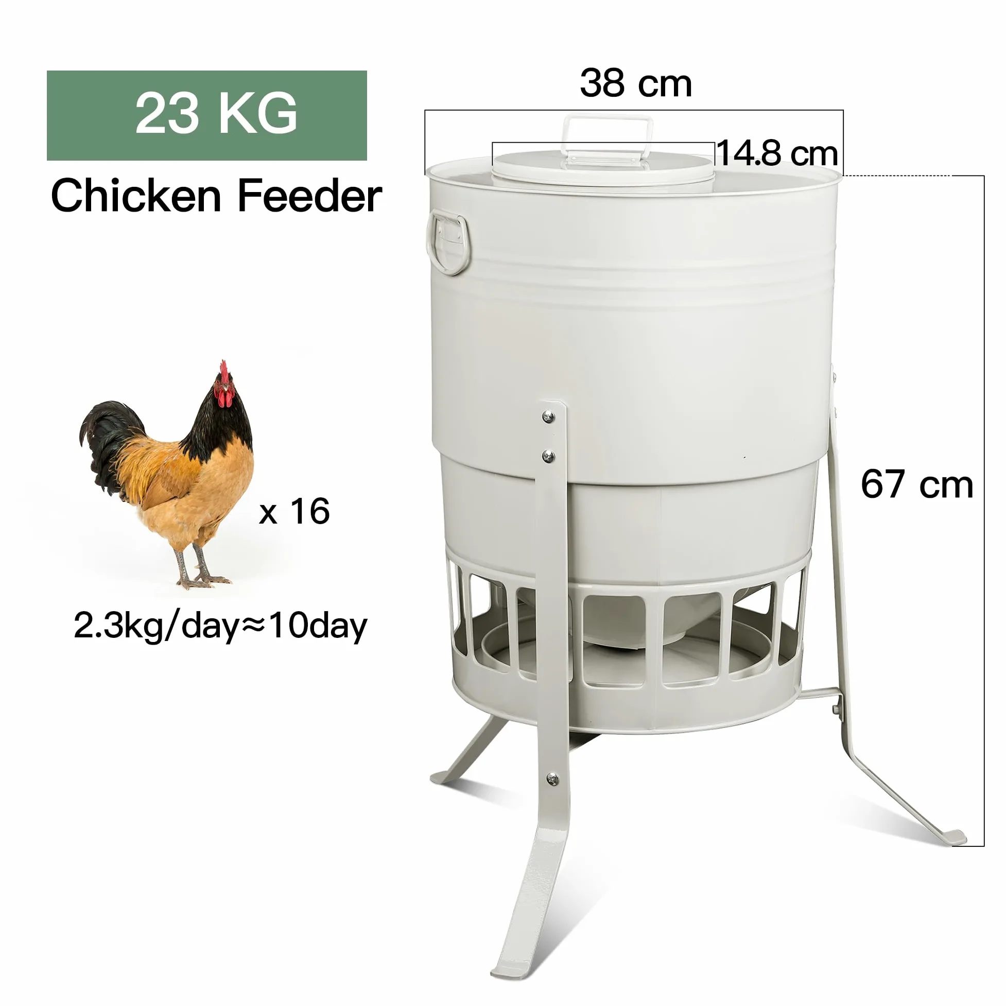 Comedero automático para pollos de 23 kg, sin desperdicio, con 16 puertos, color blanco, a prueba de ratas, gravedad, para gallinas, gansos, 43 L