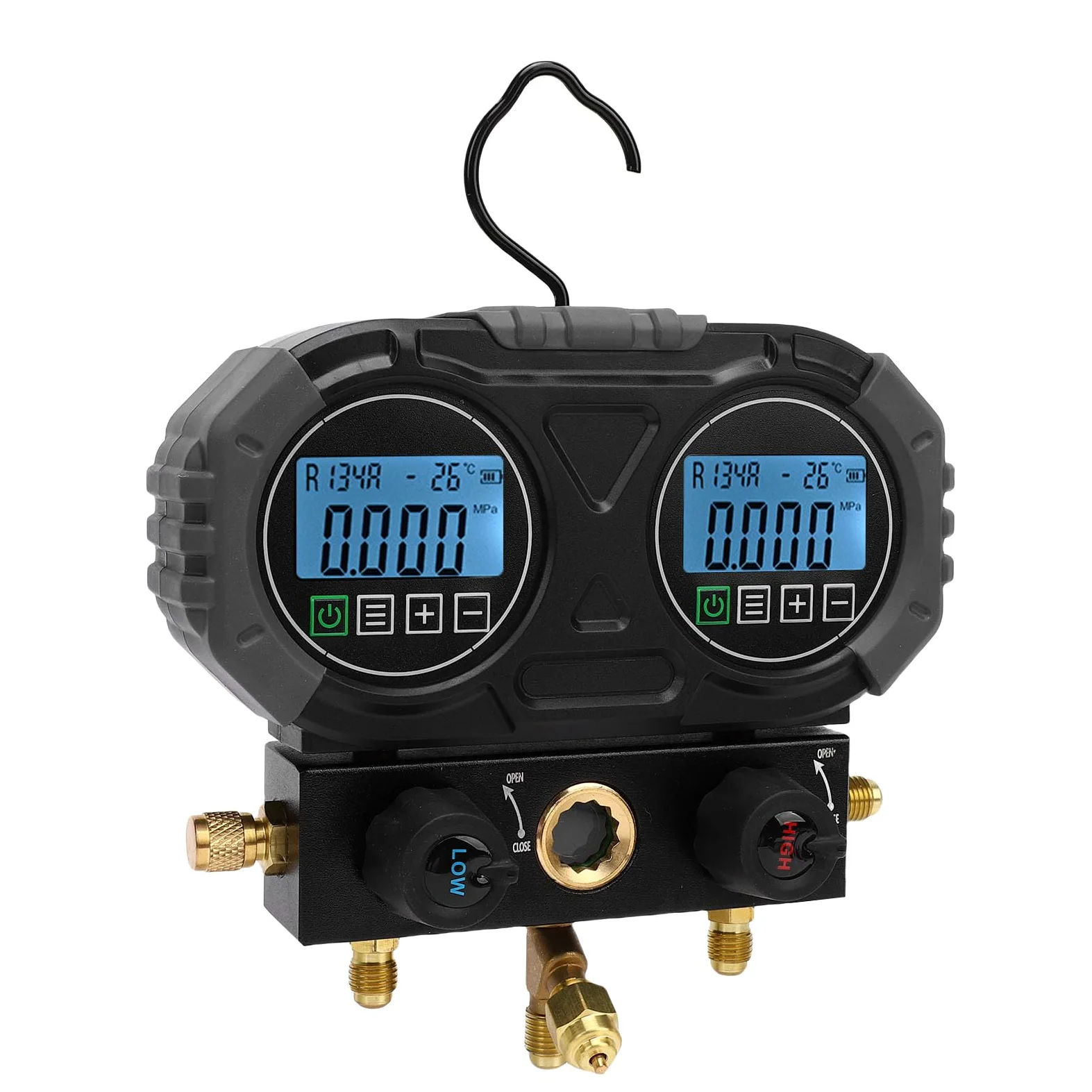 SIXRUN Manómetro Digital para HVAC, Juego de Manómetros Digitales para AC con 2 Pinzas de Temperatura para R134A R1234YF R22 R32 R410A y 92 Refrigerantes