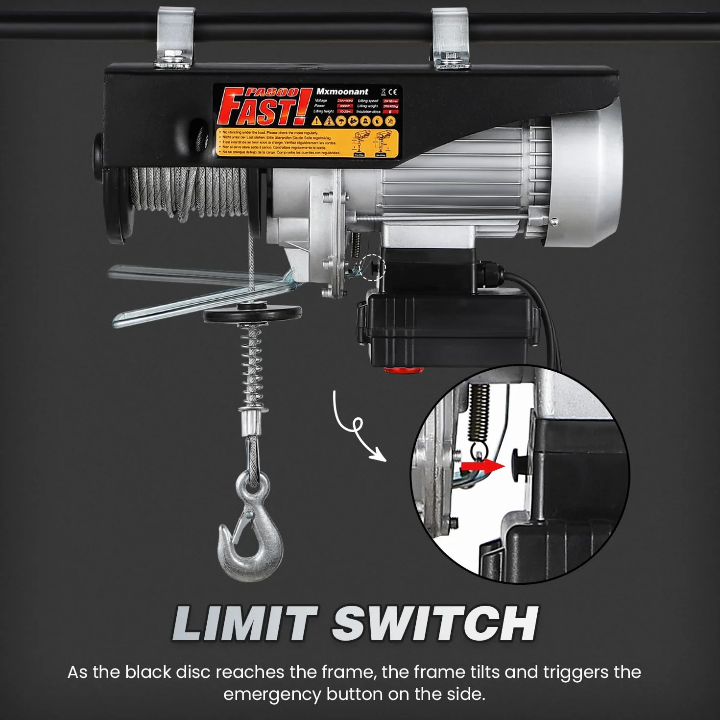 Mxmoonant Polipasto eléctrico, 140/280kg, tipo rápido 10/20m/min, elevación 10/20m, control inalámbrico y por cable, 1600W