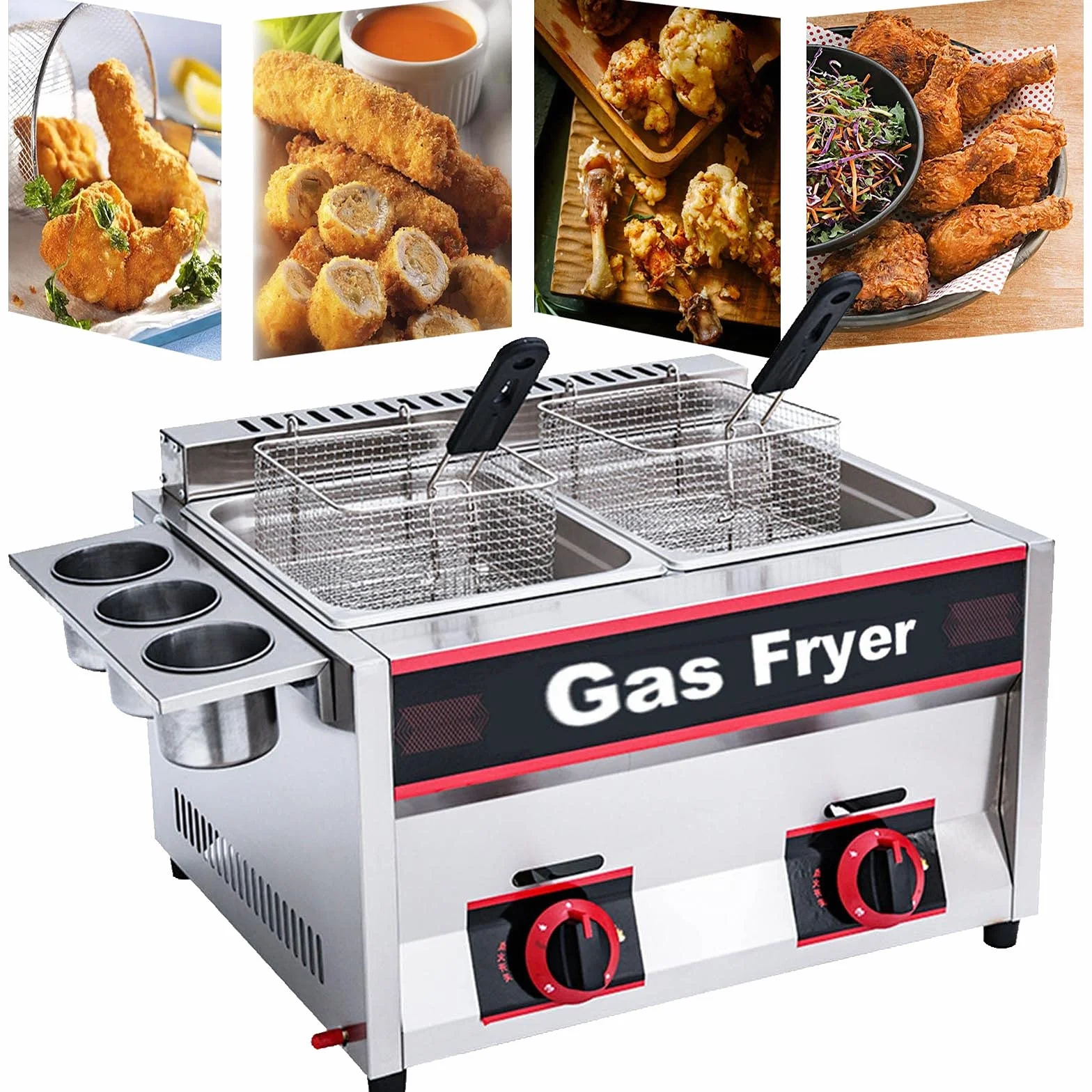 Freidora de Gas Comercial, freidora de Gas LPG para encimera, Acero Inoxidable, freidora Doble de Gran Capacidad de 22 l, con cestas extraíbles, Potencia de Fuego Ajustable, fácil de Limpia