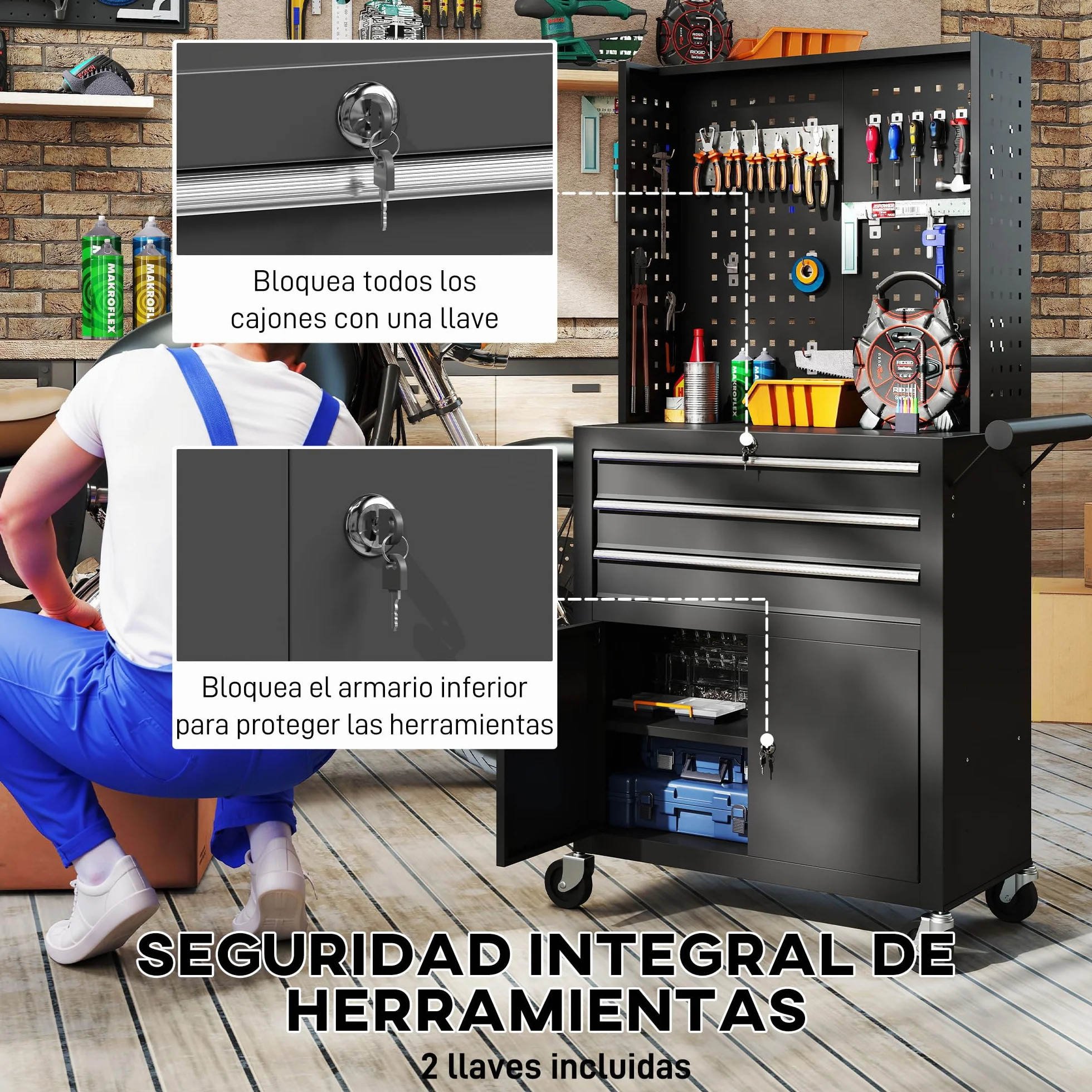 HOMCOM Carro de Herramientas con 3 Cajones y Tabla de Pegboard, Carro de Taller, Cerradura por Llave, Estante Ajustable, 2 Ruedas con Freno de Bloqueo, Negro