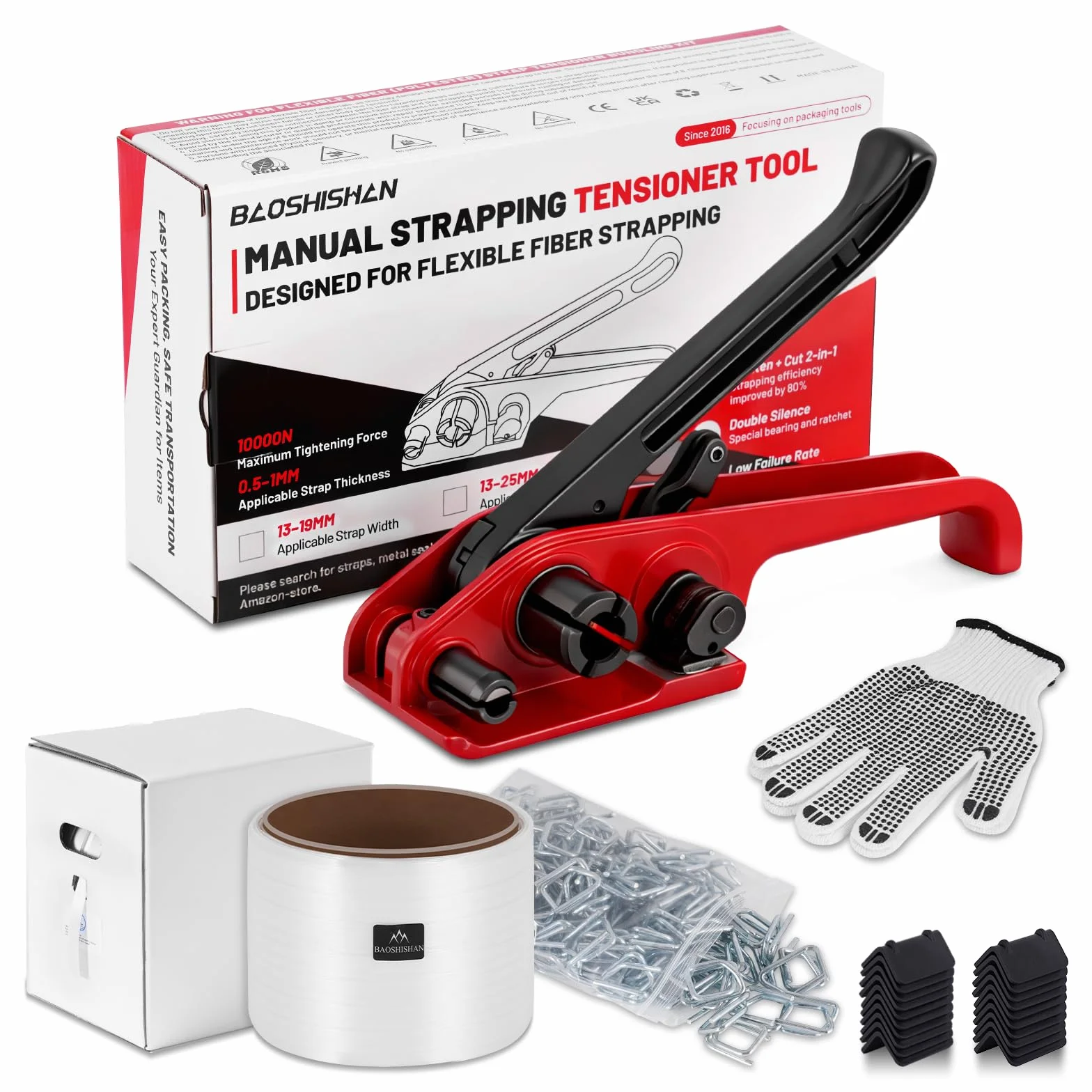 BAOSHISHAN Herramienta de flejado manual, apto para cintas de poliéster flexibles de 13-19 mm (incluye 100 anillas metálicas, 100 metros de cinta y 20 esquinas protectoras para embalaje)