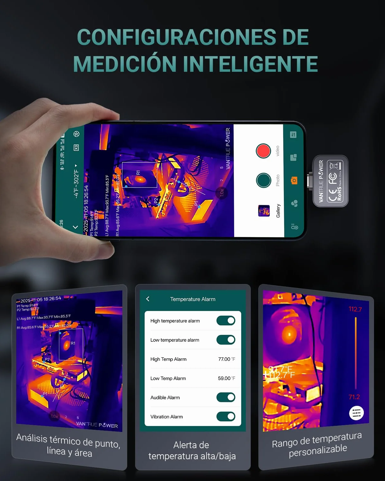 TS1 Cámara Térmica Termográfica Infrarroja para Android, 512x384 TISR Alta Resolución Cámara Termográfica Infrarroja, Rango de medición de la temperatura -20 °C a 550 °C