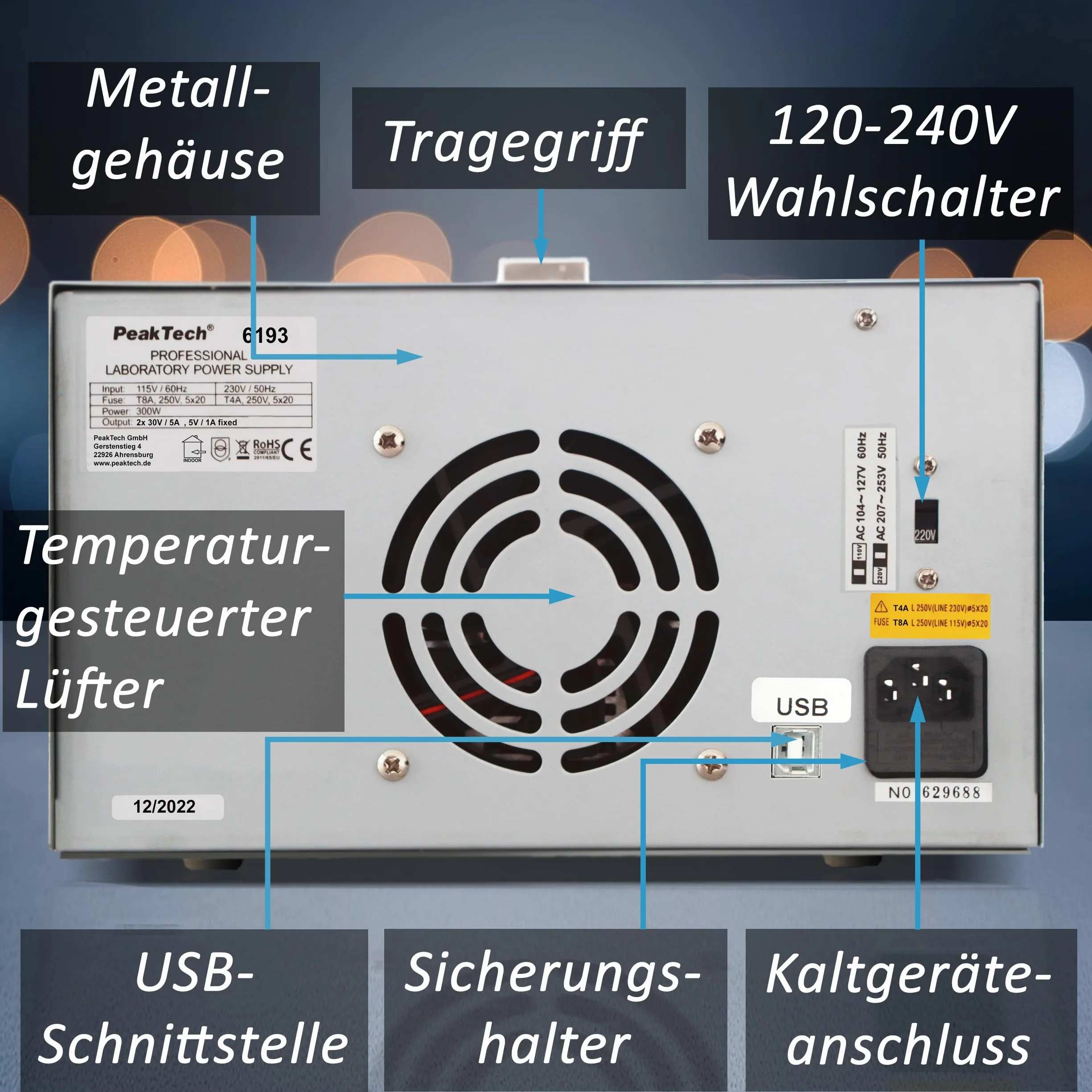 PeakTech, 6193, Fuente de alimentación de laboratorio 2 x 0, 30 V / 0, 5 A DC SELV fuente de alimentación lineal con transformador de aislamiento, fuente de alimentación de laboratorio con USB