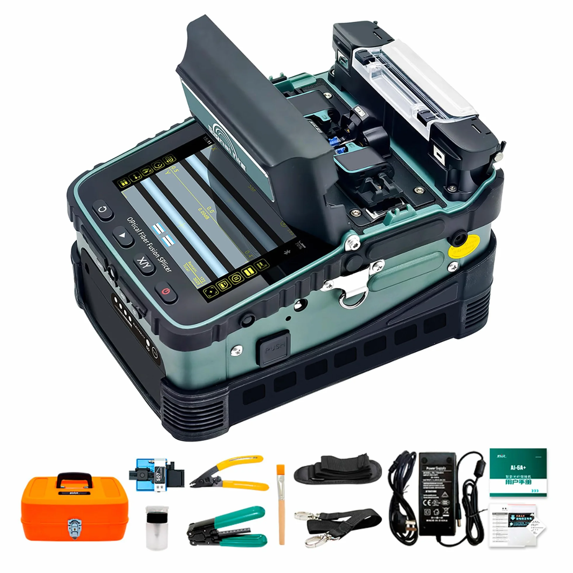 Nuevo Modelo AI-6A+ Fusionadora de Fibra Óptica con OPM y VFL Integrados, Kit Empalmadora de Fibra Optica Automática con Alineación de Núcleo de 6 Motores, 8s Fusión 18s Calentamiento