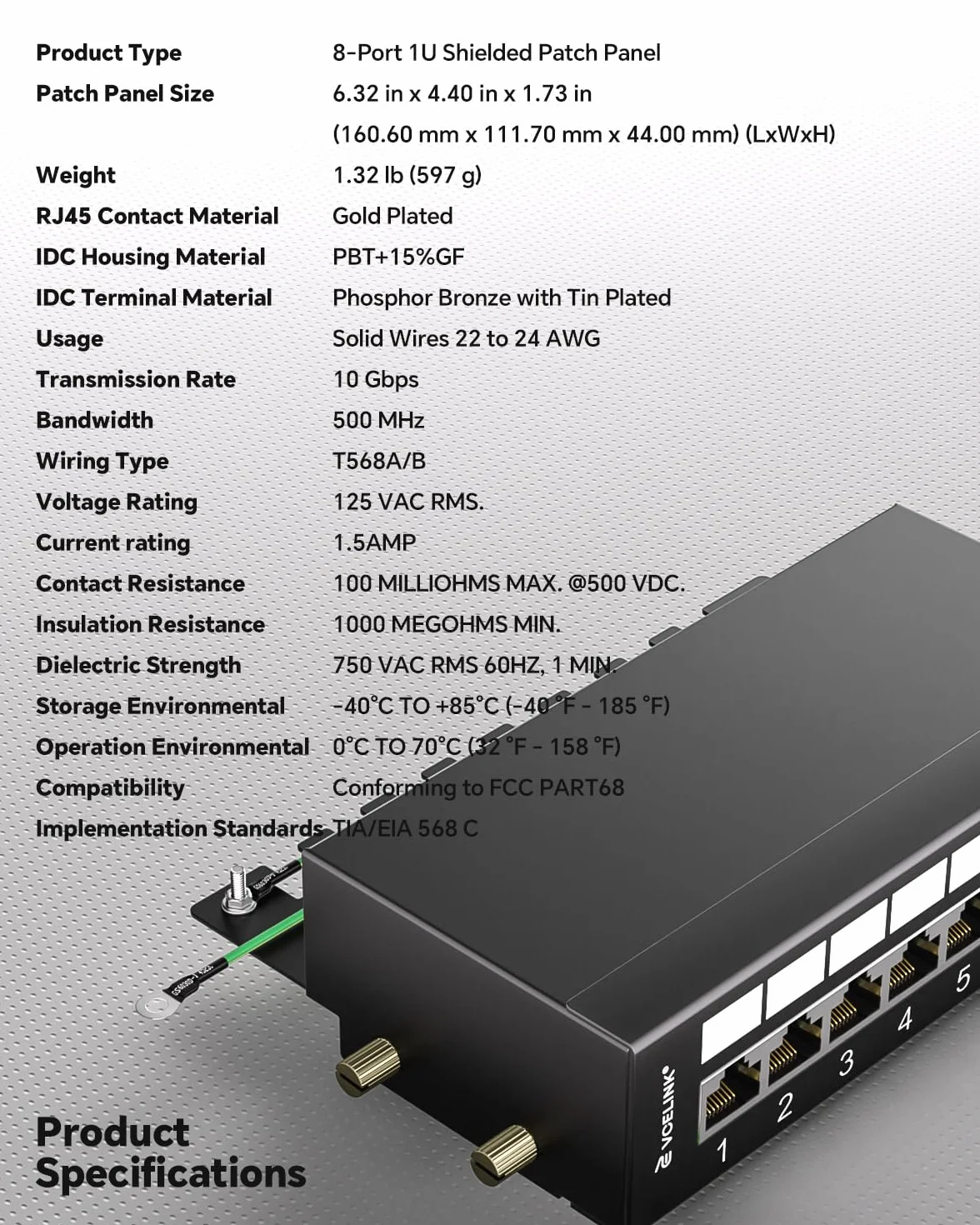 VCELINK Panel de conexiones CAT6A de 8 puertos blindado 10 Gbit/s RJ45 para montaje en rack