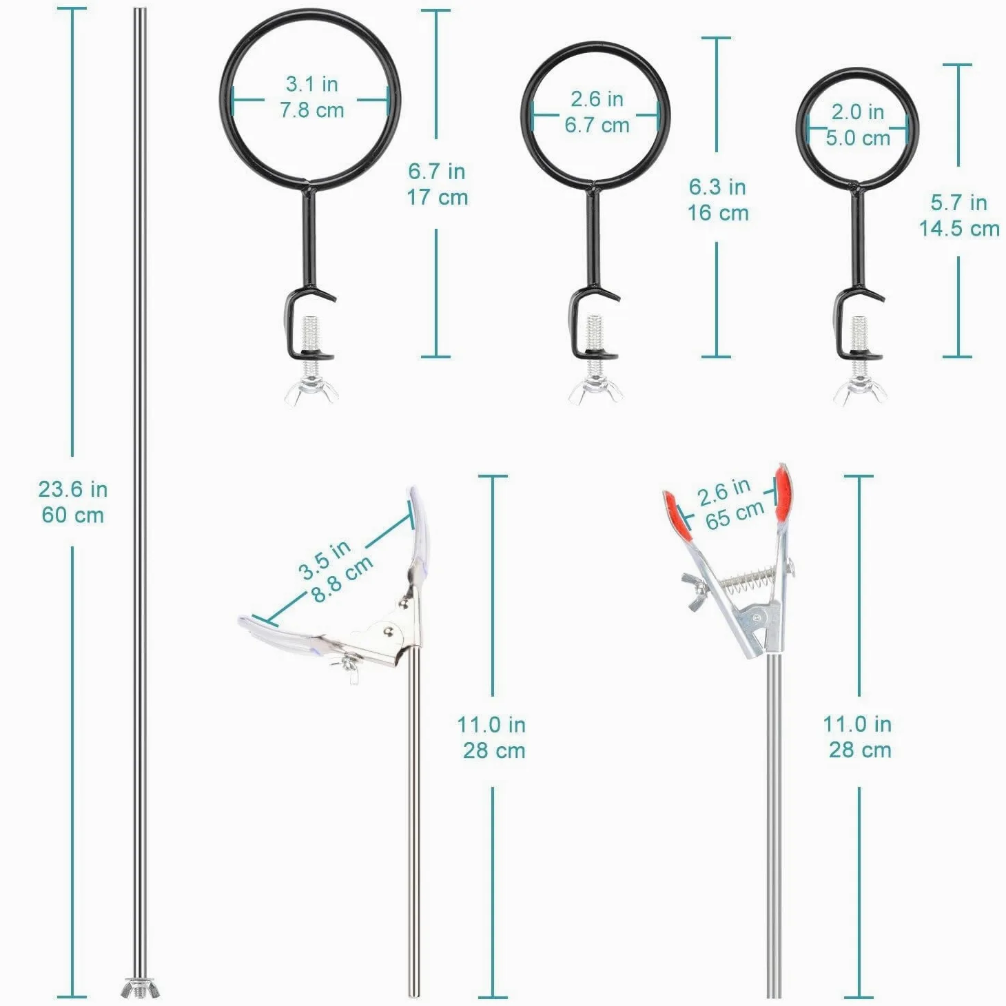 Soporte de laboratorio con varilla de 60 cm, 3 anillos de soporte, 2 pinzas para matraz, 2 pinzas de nuez, set metálico para laboratorio