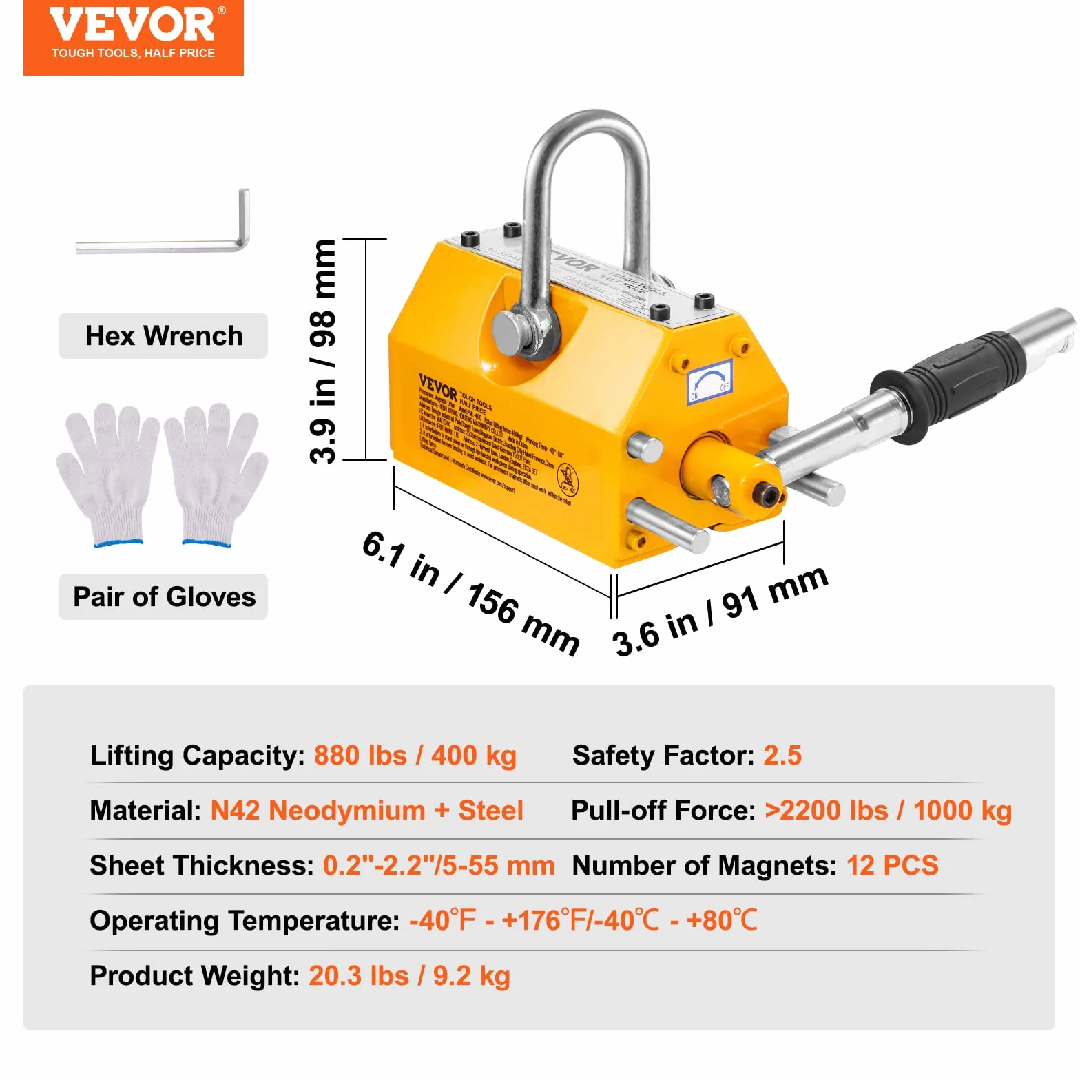 VEVOR Permanente Magnetic Lifting with Release, 880 lbs/400 kg Heavy Duty Magnet, factor de seguridad 2,5, Neodymium & Steel for Hoist, Shop Crane, Block, Junta Levantamiento Plate Steel
