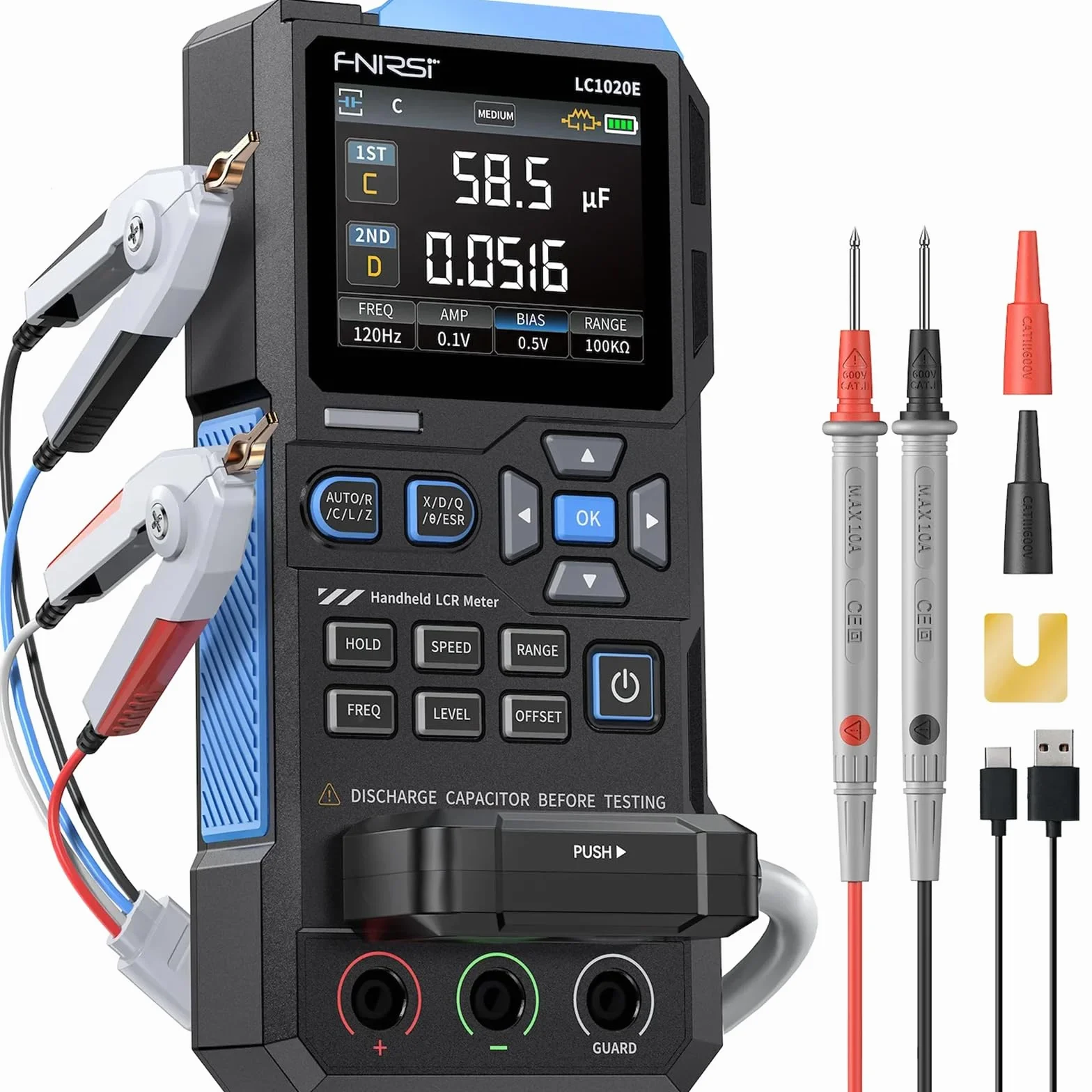 FNIRSI LC1020E Medidor Digital LCR 100kHz, Tester de Resistencia Inductor Condensador, 19999 Cuentas, Detección Auto de Componentes, Mide ESR/Q/D/θ/X, Pantalla Dual, Calibración Apertura Cortocircuito
