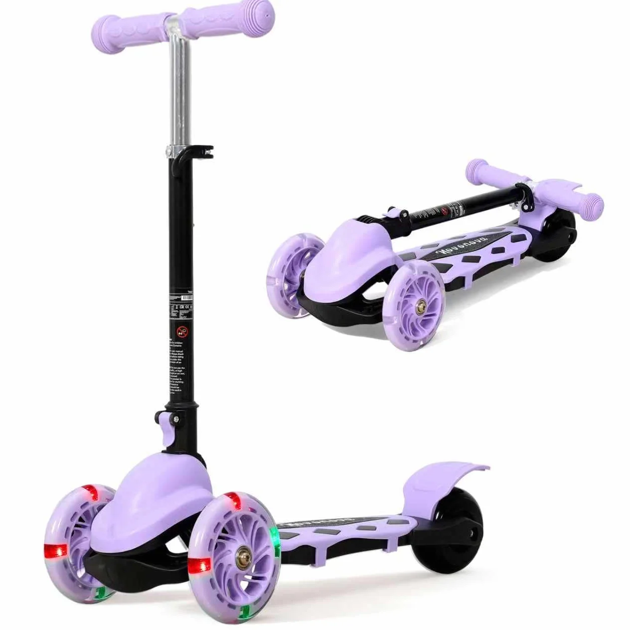 Patinete Scooter Plegable 3 Ruedas para Niños 2-5 Años, Manillar Ajustable 57-72cm, Luces y Freno Posterior, Máx. 50kg