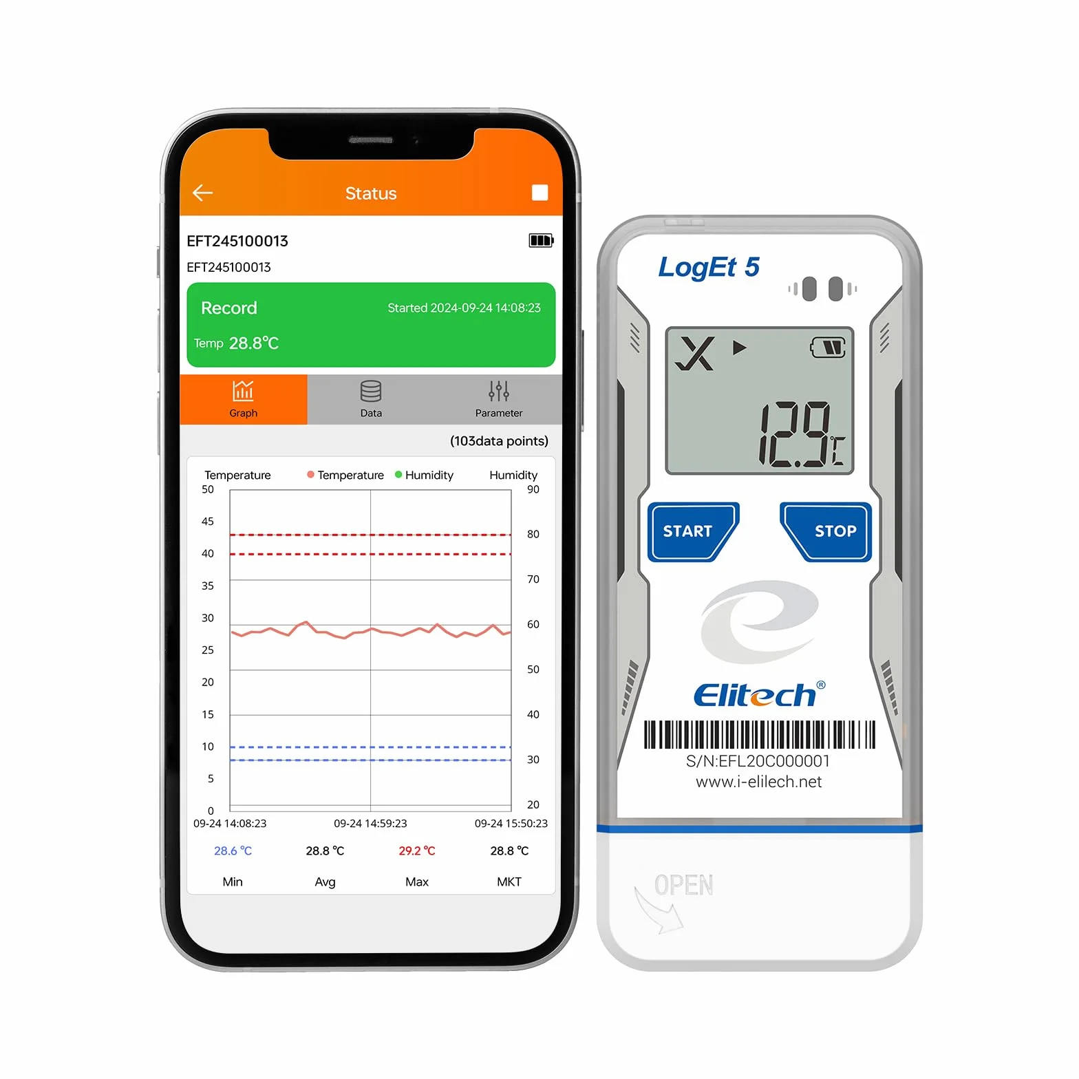 Elitech LogEt5BTH Registrador de Temperatura y Humedad USB Bluetooth Reutilizable 32.000 Puntos
