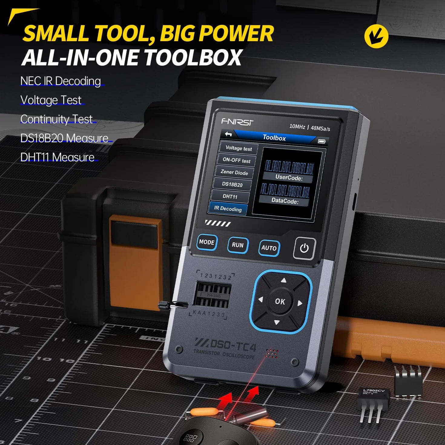 Osciloscopio,3 en 1 Osciloscopio Digital 10MHz Ancho de Banda 48Ms/s Muestreo 13 Salidas de Señal Un Botón Comprobador Automático de Transistores Comprobador de Componentes,Español Conmutable