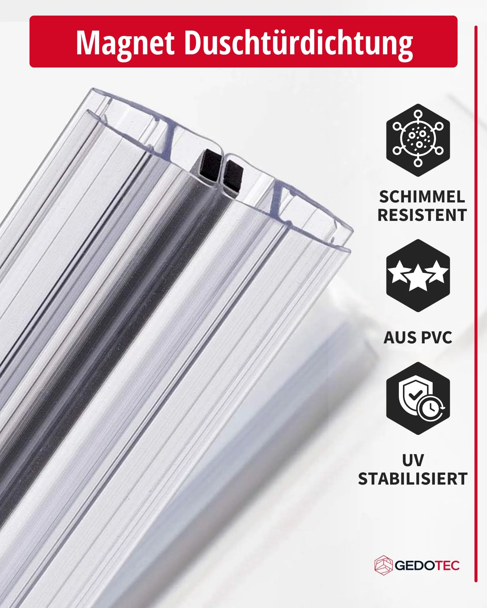 Gedotec Junta magnética de labio de ducha impermeable para puertas de ducha – 1 par de juntas magnéticas 180° sin tope – Junta magnética de ducha PVC Longitud: 2 m – Junta de ducha 6 mm – 8 mm