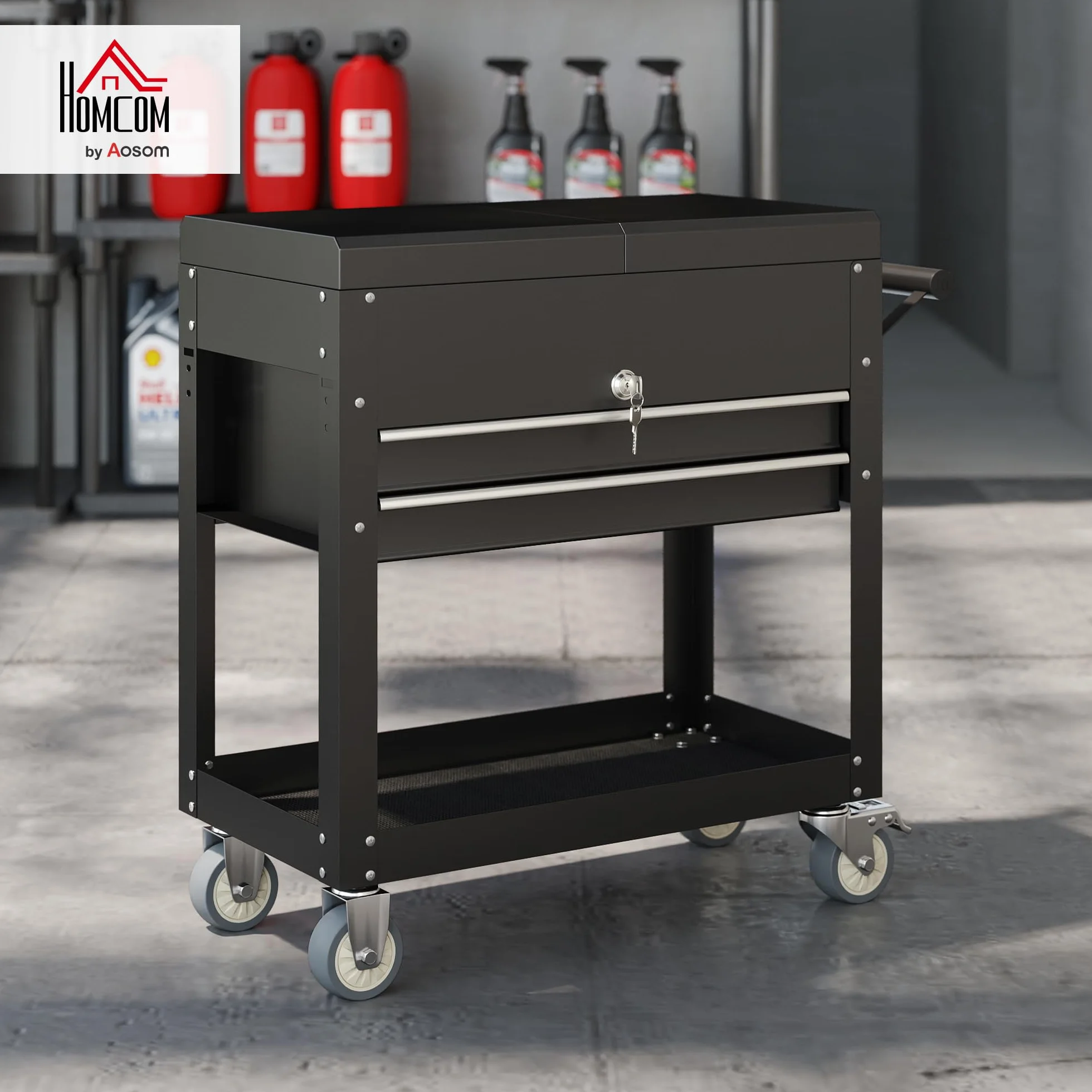 HOMCOM Carro de Herramientas con Ruedas, Carro de Taller Móvil con Tapa Deslizante, 2 Cajones con Cerradura, Bandeja, Caja de Herramientas de Acero, para Taller, Garaje, Negro