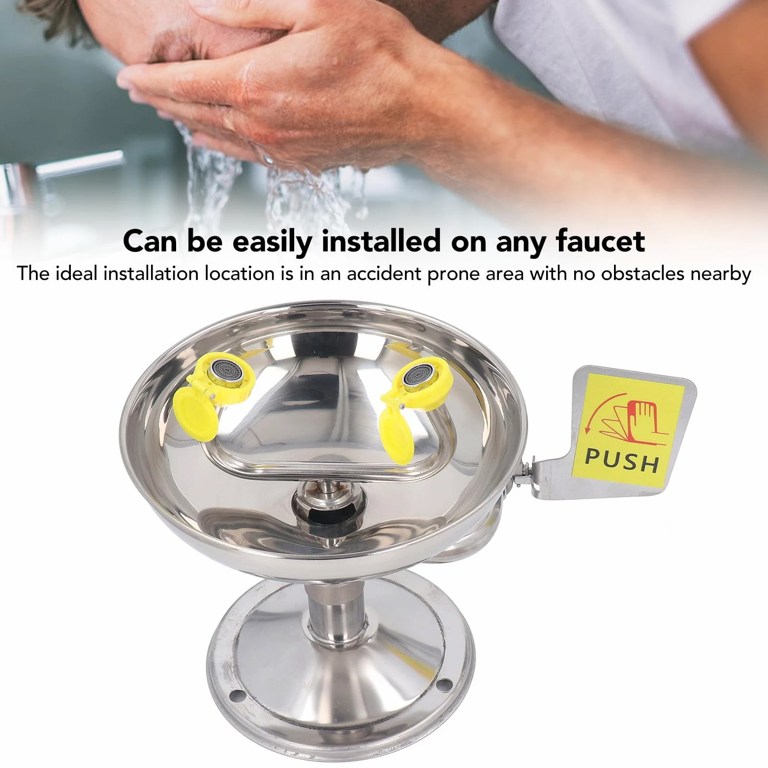 FTVOGUE Lavaojos de Acero Inoxidable 304 | Estación lavaojos de emergencia montada en la pared para fregadero con boquillas dobles y cubiertas antipolvo para