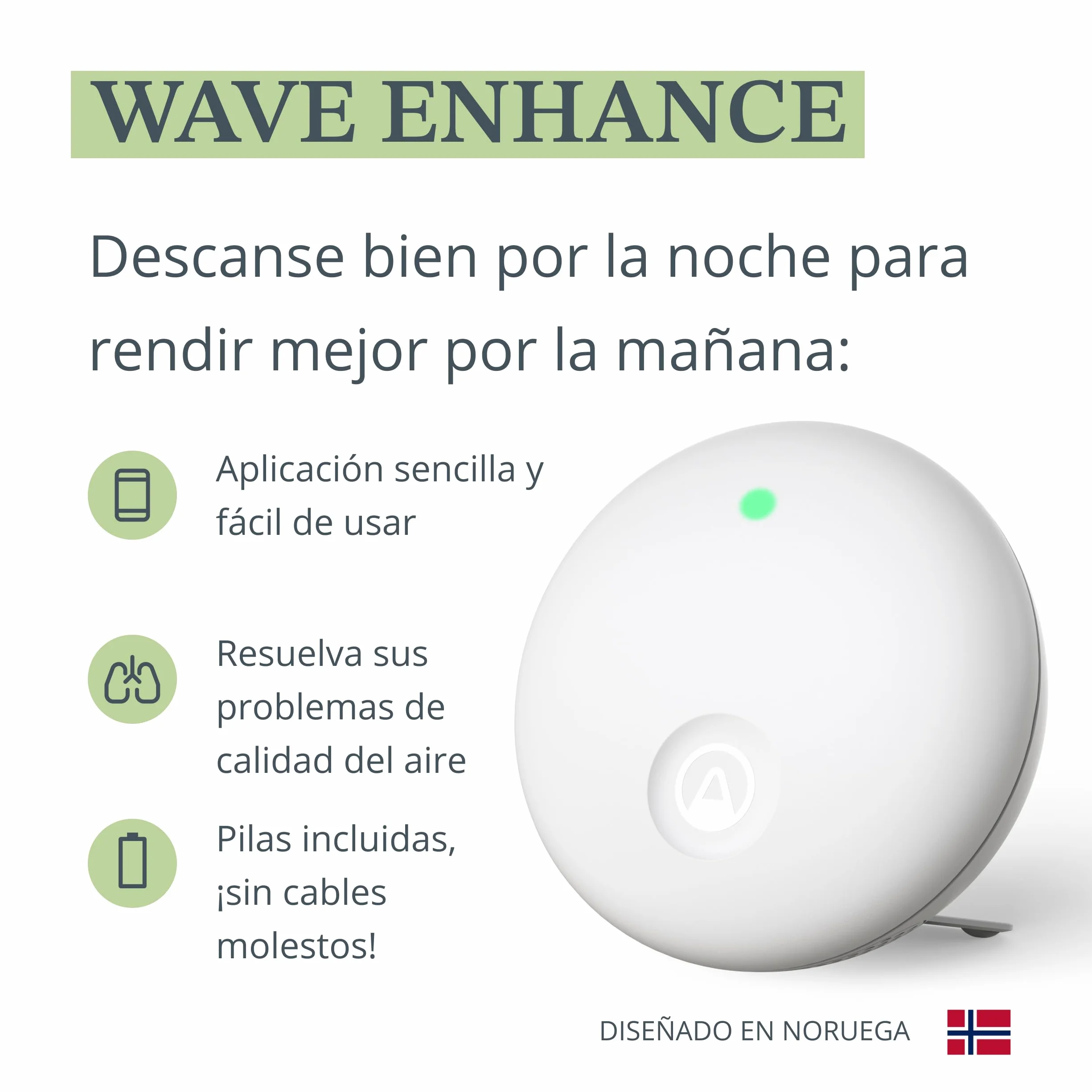 Airthings 321 Wave Enhance - Monitor de calidad del aire para CO2, COV, humedad, temperatura, presión, ruido y luz - Ideal para dormir mejor en dormitorios y mejorar la concentración en oficinas.