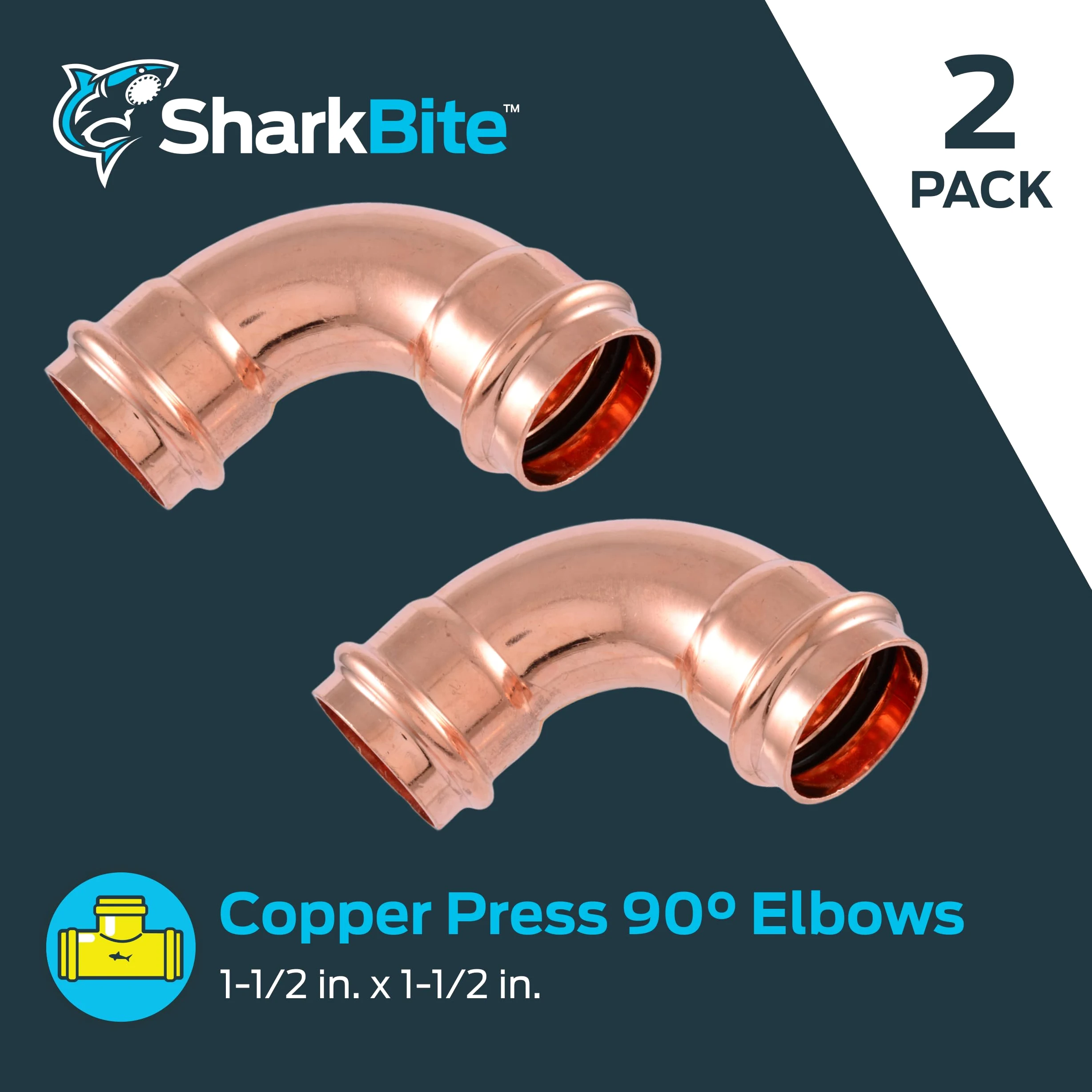 SharkBite Codo de 90 grados de 1-1/2 x 1-1/2 pulgadas, accesorio de fontanería de prensa de cobre, paquete de 2, UPR0241X2