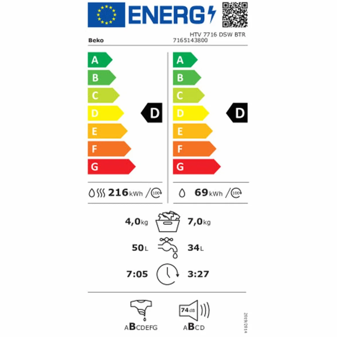Beko HTV7716DSWBTR Lavadora Secadora 7KG 4KG Clase A
