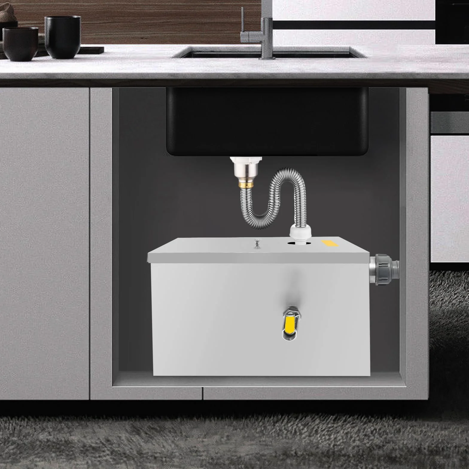 Separador de grasa Interceptor, 20 l, acero inoxidable, trampa de grasa para fregadero, filtro de aceite de aguas residuales, trampa comercial, para restaurante, cocina, hotel, cafetería, diseño