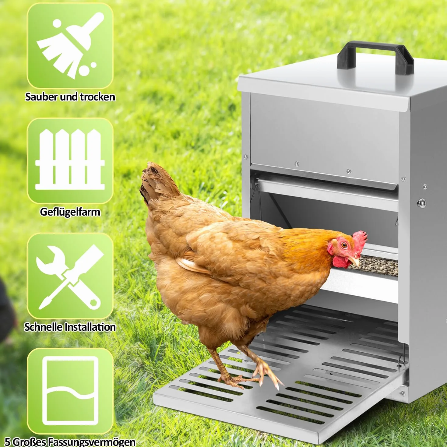 Comedero automático para gallinas, 5 kg, con pedal automático, alimento para pollos para aves de corral, accesorio ideal para pollos, resistente al agua y a prueba de ratas, galvanizado