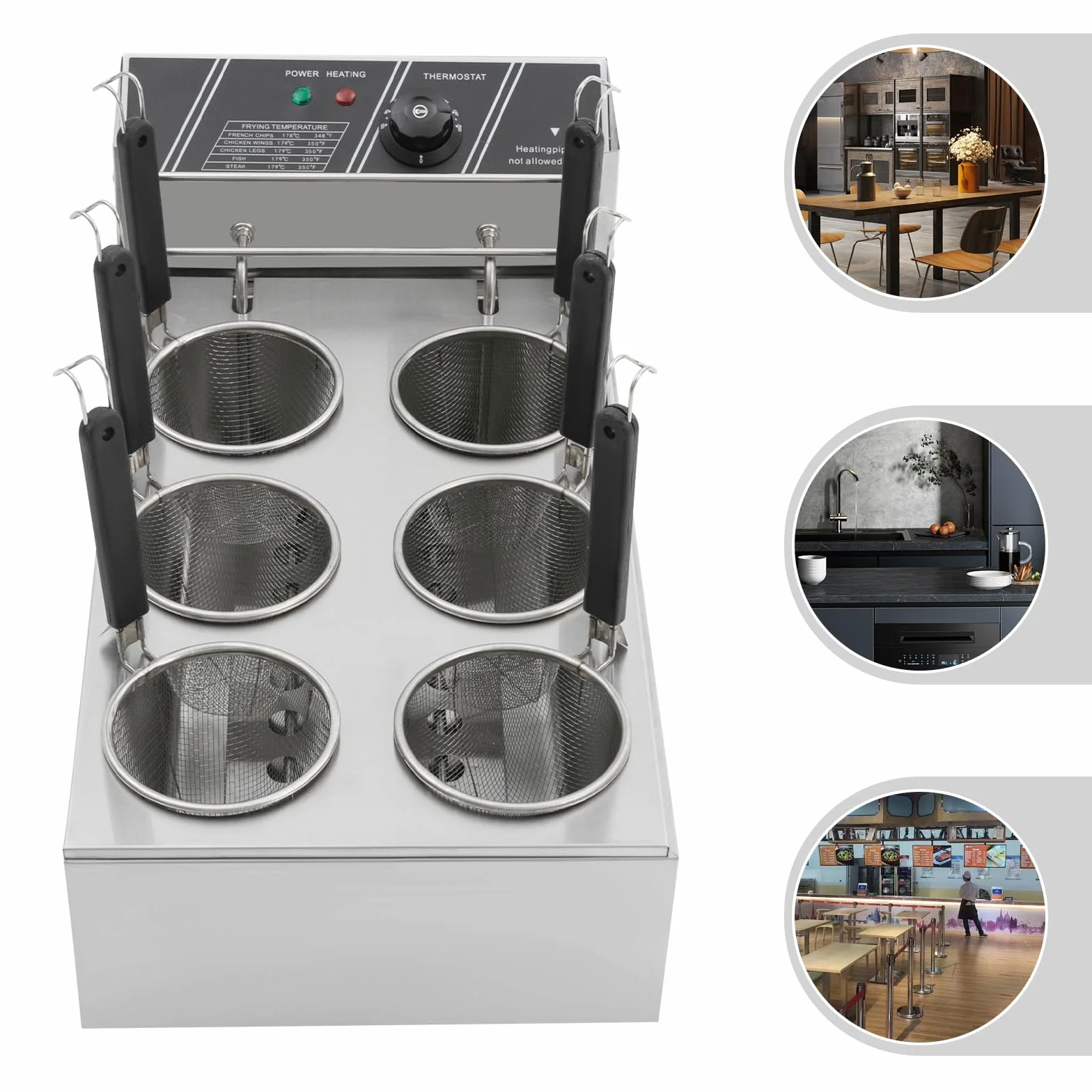 Cocedor de pasta comercial 2000 W eléctrico con 6 cestas de acero inoxidable 60-200 ℃ temperatura ajustable 220 V 20 L capacidad total para restaurante cocina espaguetis albóndigas verduras