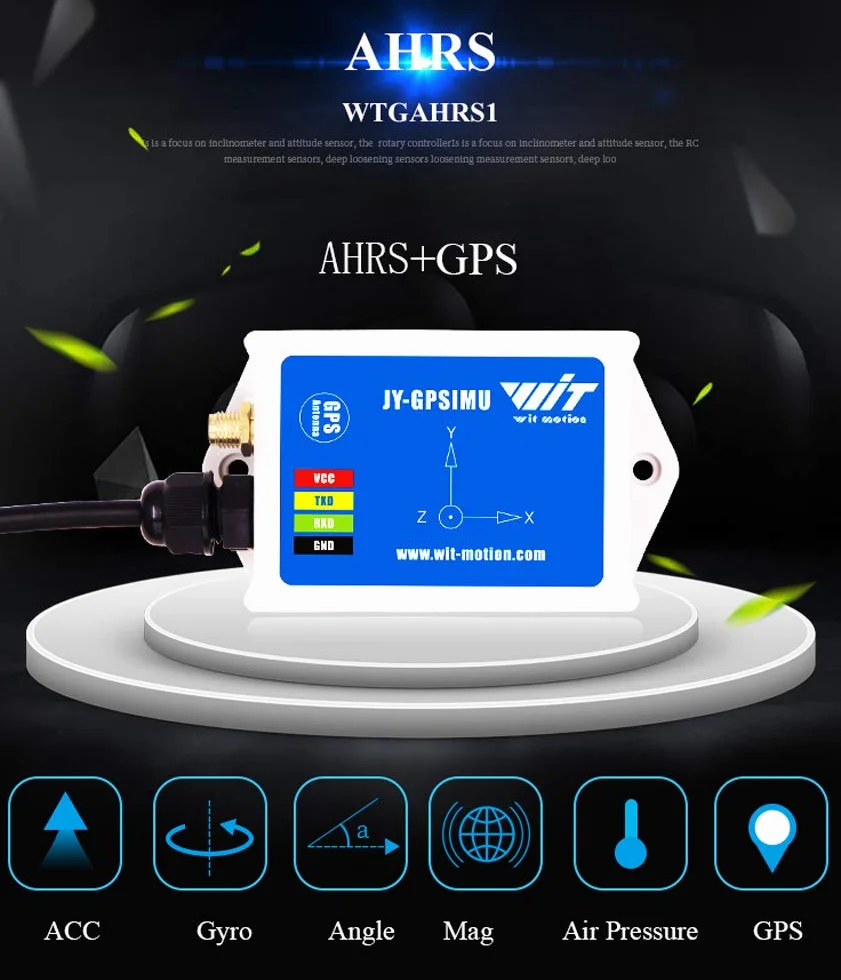 WitMotion WTGAHRS1 Inclinómetro IMU AHRS de 10 ejes de alta estabilidad, aceleración+giro+ángulo+imán+presión de aire+GPS,nivel TTL, rastreador de posición de navegación de bajo consumo con antena GPS