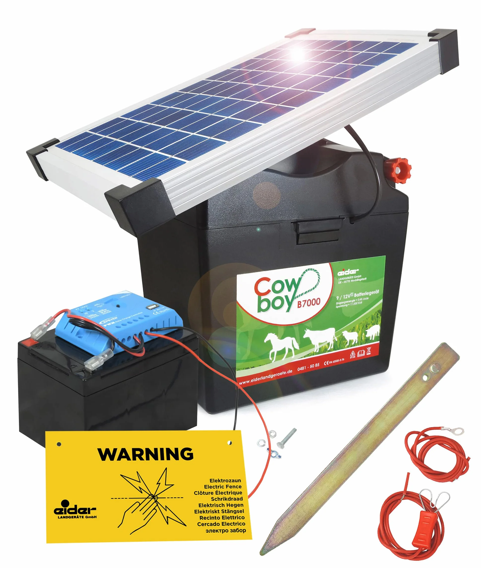 Koll Living Cowboy B7000 - Vallador de pastos (con batería de 12 V y módulo solar de 10 W, prácticamente no requiere mantenimiento, batería recargable)