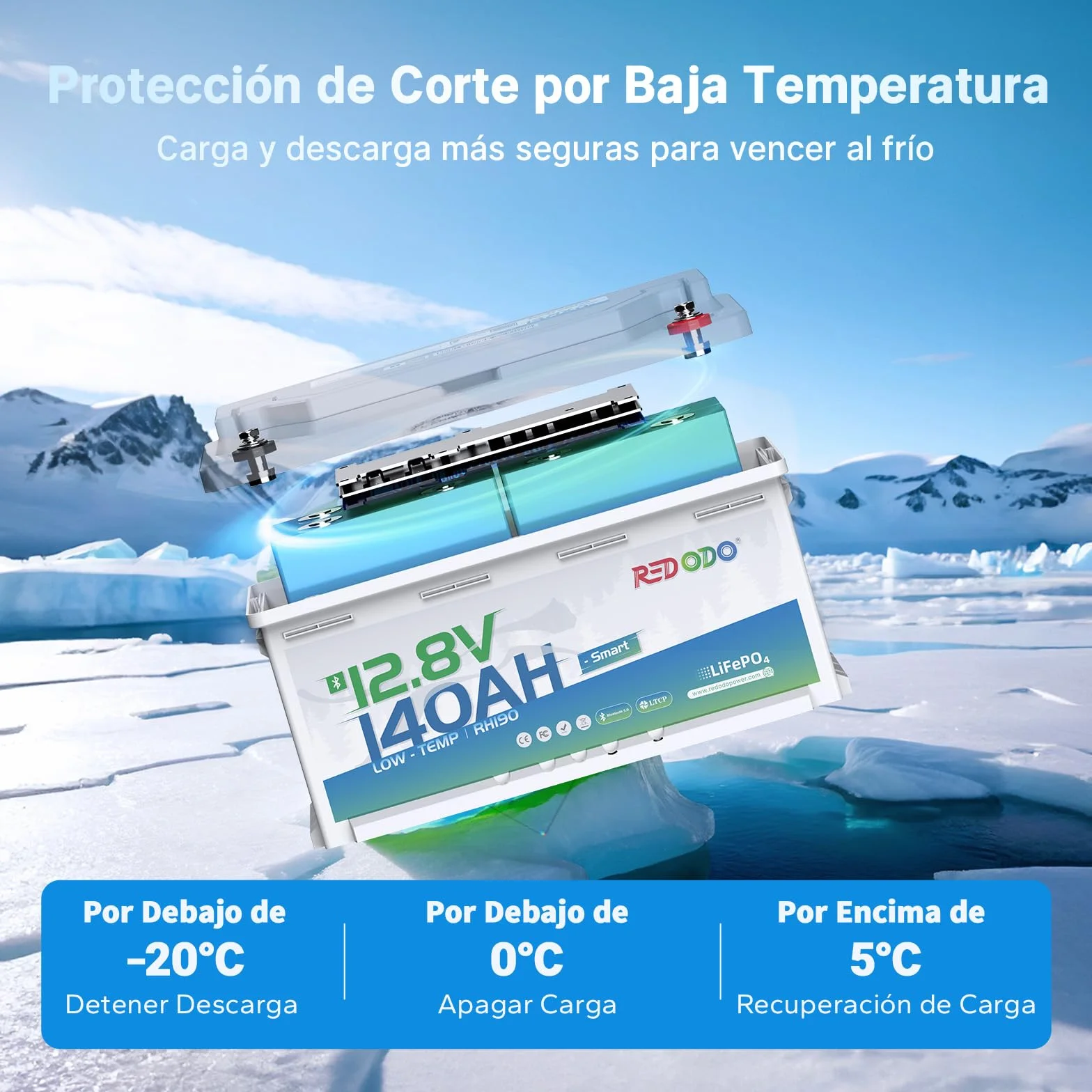 Batería Litio Redodo 12V 140Ah H190 LiFePO4 BMS 150A Bluetooth 1792Wh 15000 Ciclos Protección Baja Temperatura