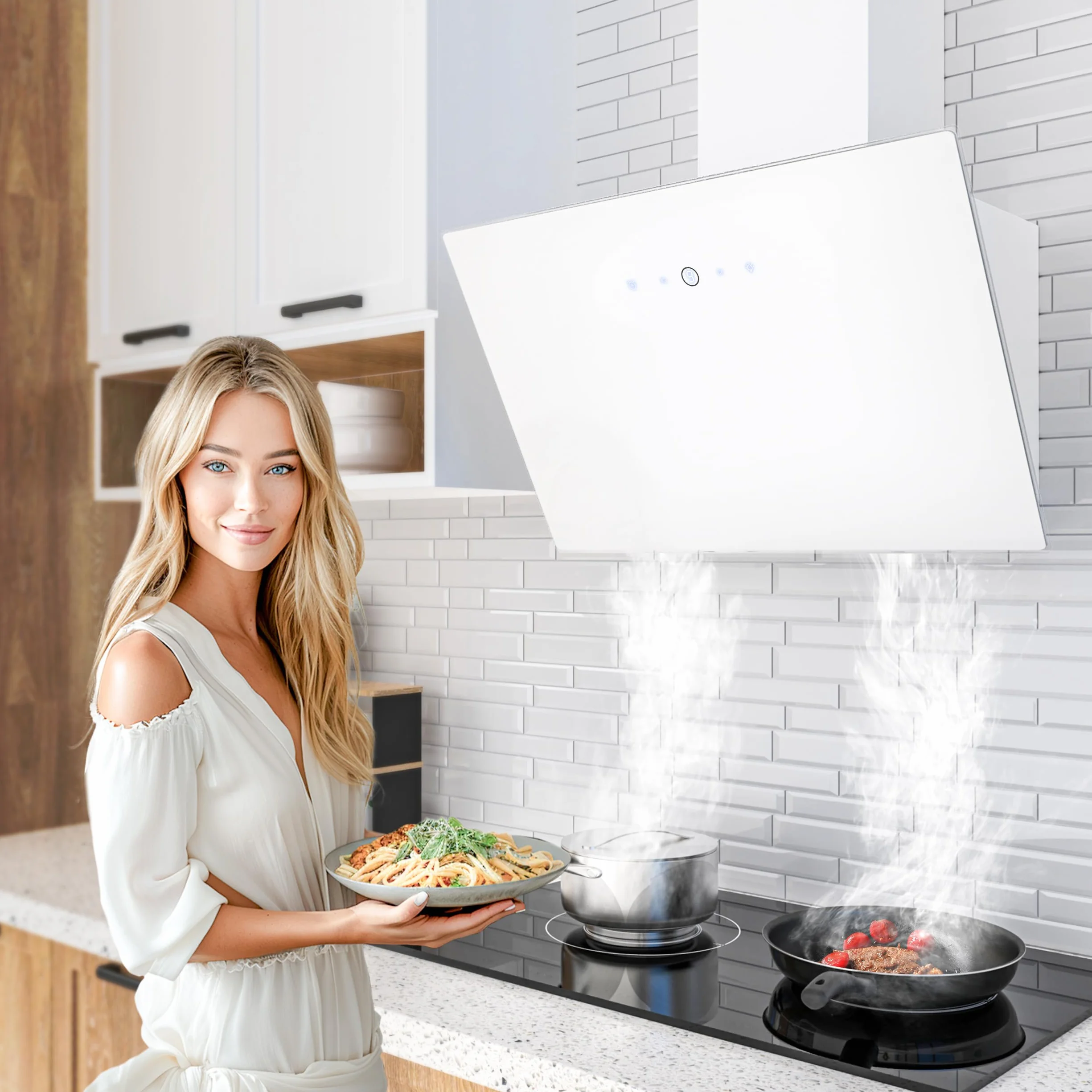 FIREGAS Campana extractora 60cm 578 m³/h Motor sin escobillas Digital touch 9 velocidades LED Recirculante Extracción Incluye filtro de carbón Cristal Blanco