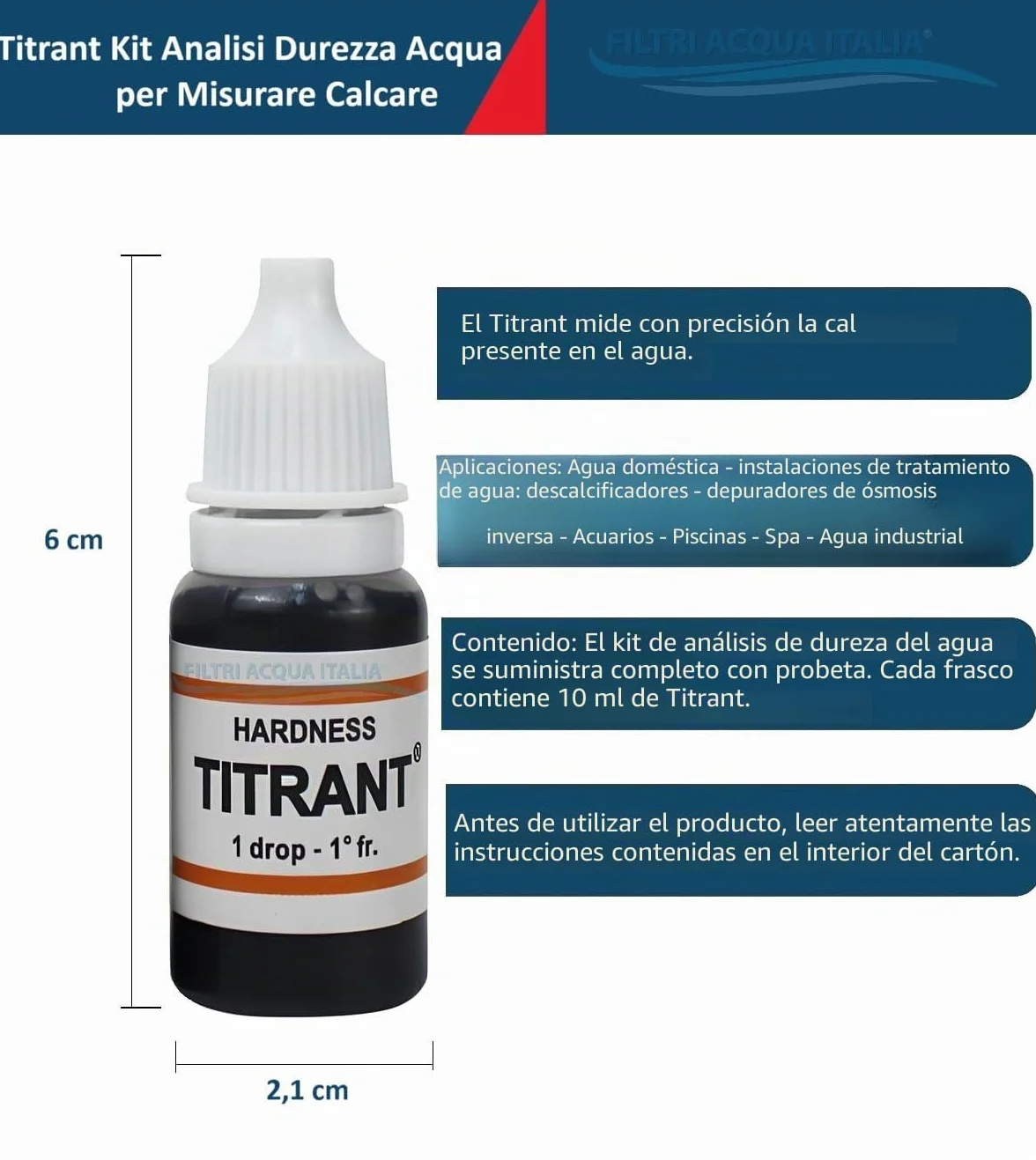 Kit análisis dureza agua Titrant grados franceses medir cal