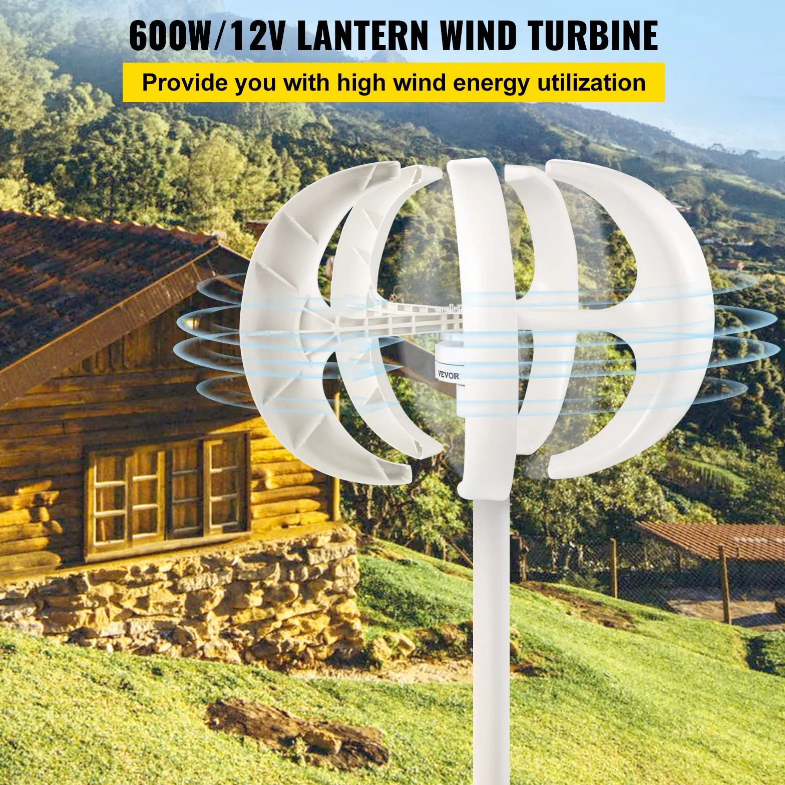 VEVOR Aerogenerador 400W 12V Generador de Turbina Eólica Linterna Blanca Generador de Viento Vertical 5 hojas Turbina de Viento 12V Aerogenerador Eolico