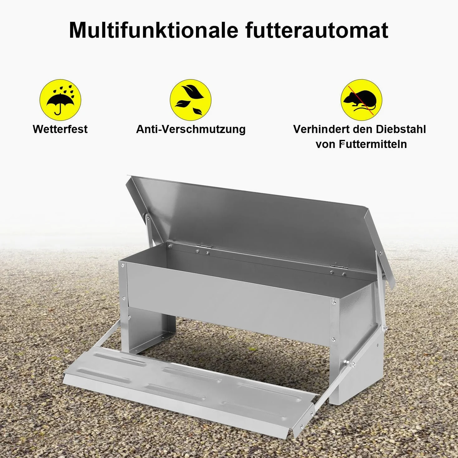 Comedero automático con pedal automático y manta resistente al agua, 2 comederos automáticos de 5 kg, con protección para ratones (guantes + cuchara de acero inoxidable), galvanizado