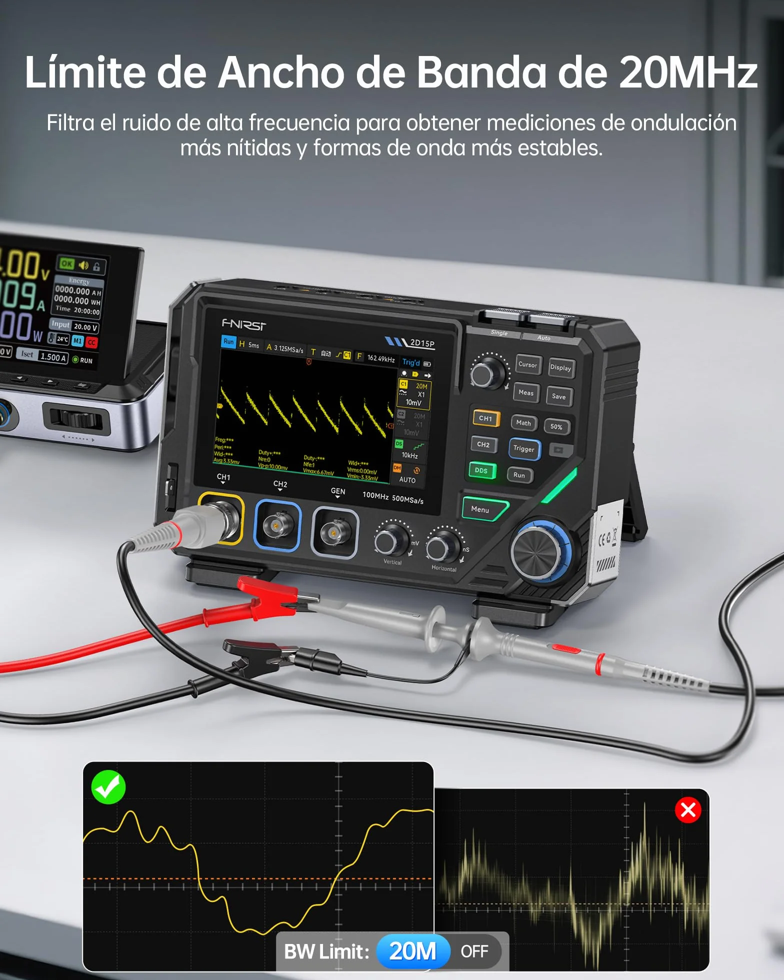 FNIRSI 2D15P Osciloscopio Digital de 100 MHz, Multímetro, Generador de Señales DDS, 3 en 1, 2 Canales, Multímetro Automotriz, 19’999 TRMS, Muestreo de 500MS/s, Pantalla Táctil de 4,3"