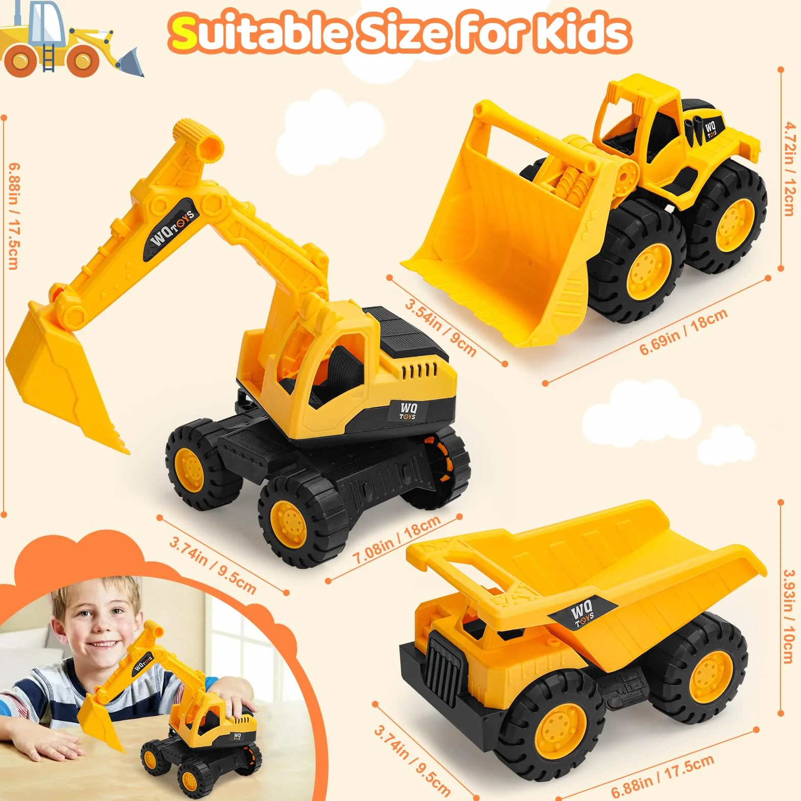 Set de 3 Camiones de Construcción de Juguete Excavadora Volquete Pala Cargadora Educativo Sensorial 3-5 Años