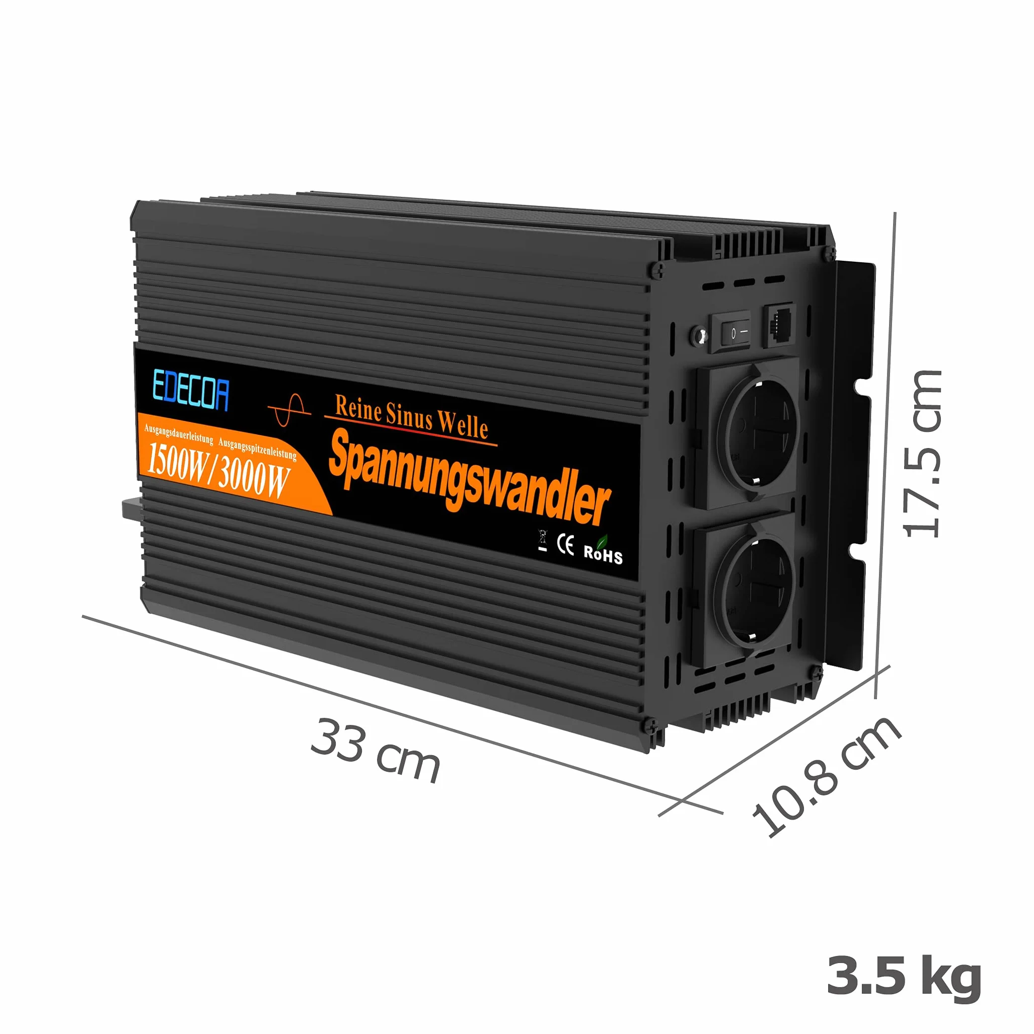 EDECOA Inversor 12v 220v Onda Pura 1500w con Mando a Distancia para Caravanas, Panel Solar Convetidor de 12v 230v Transformador de Corriente