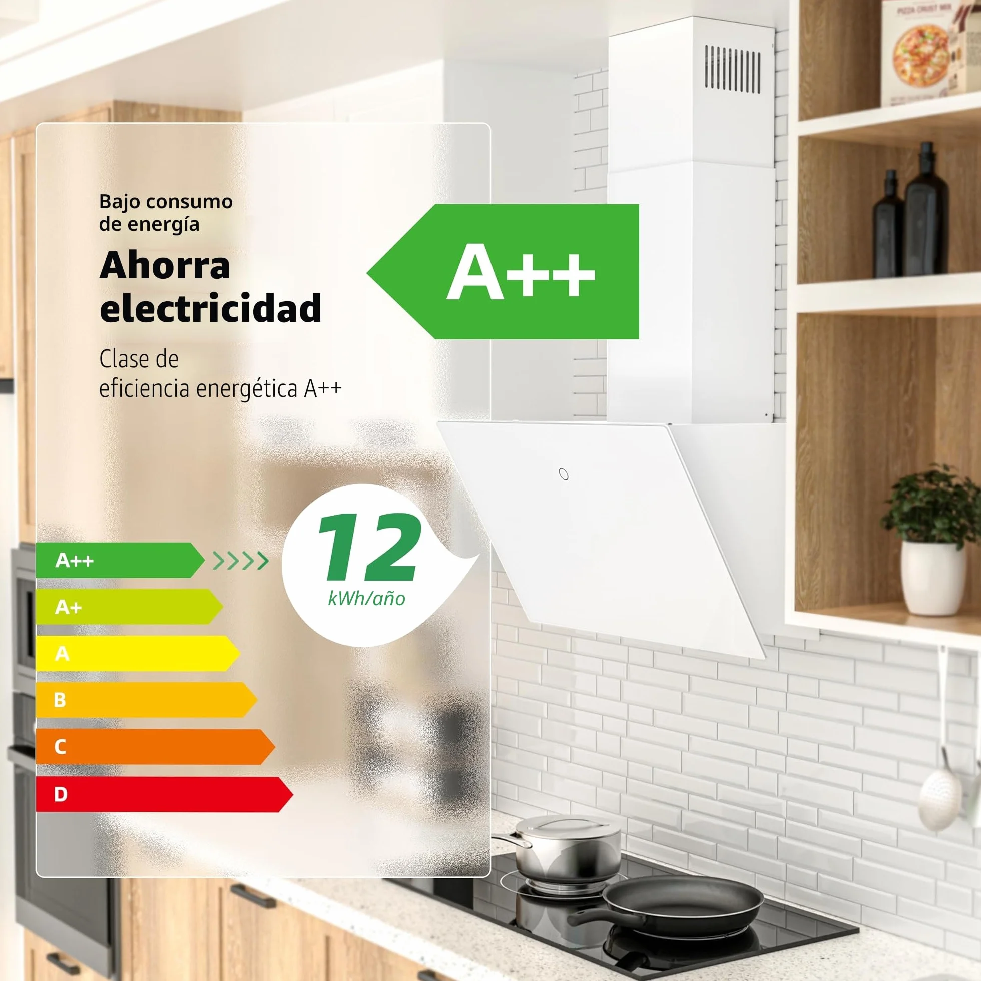 FIREGAS Campana extractora 60cm 578 m³/h Motor sin escobillas Digital touch 9 velocidades LED Recirculante Extracción Incluye filtro de carbón Cristal Blanco