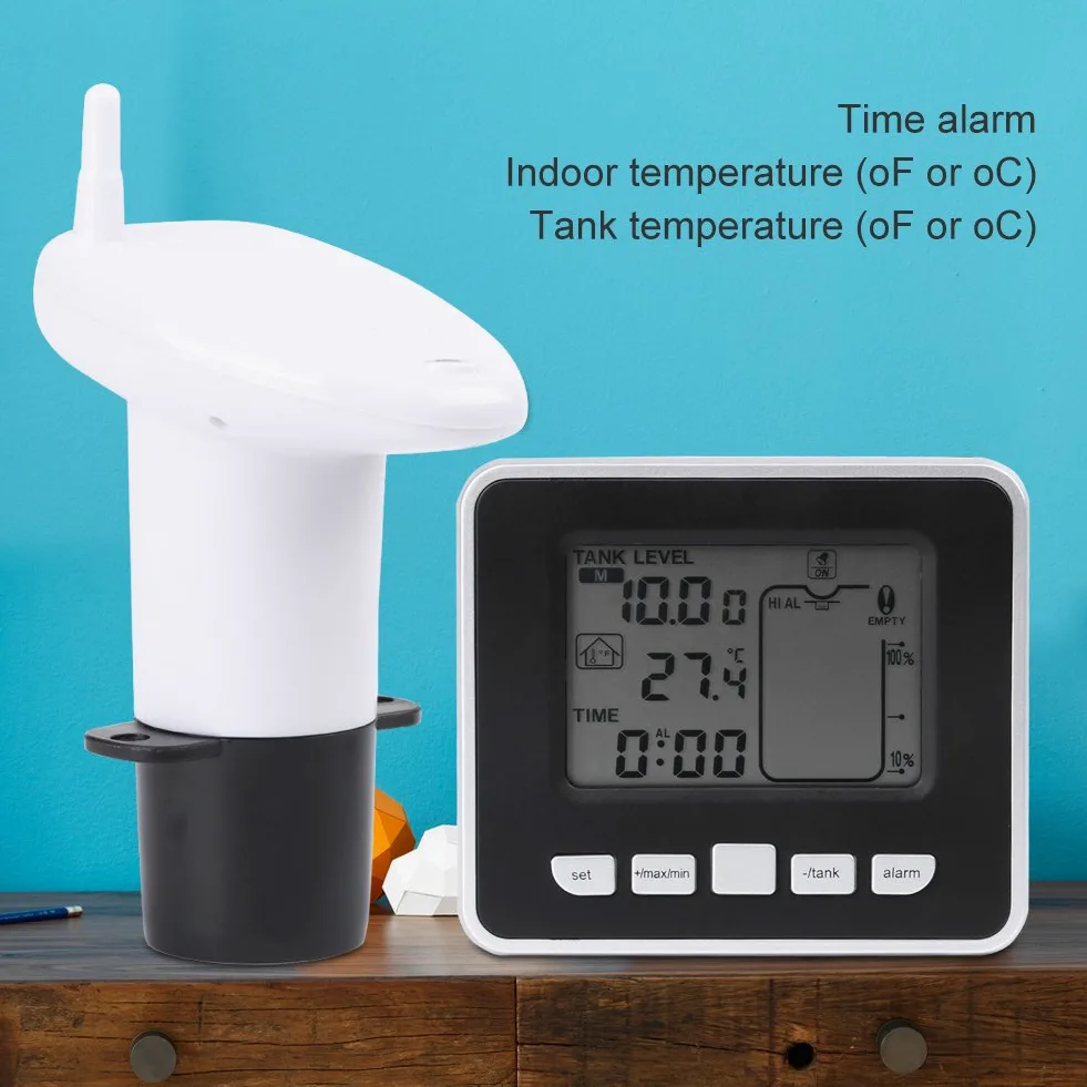 Transmisor del Sensor de Nivel de Agua, Tanque de Agua Conjunto de sensores de temperatura del Agua con Unidad de Transmisor de Pantalla LCD con Sensor Ultrasónico y Sensor Térmico