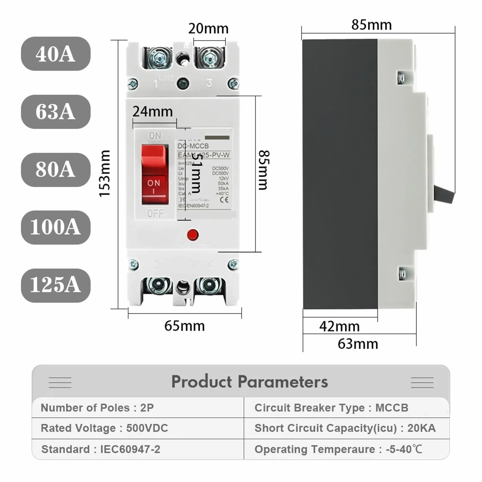DC 250V 500V DC Solar Molded Case Circuit Breaker MCCB Overload Protection Switch Protector for Solar Photovoltaic PV 100A 125A(2P,160A)